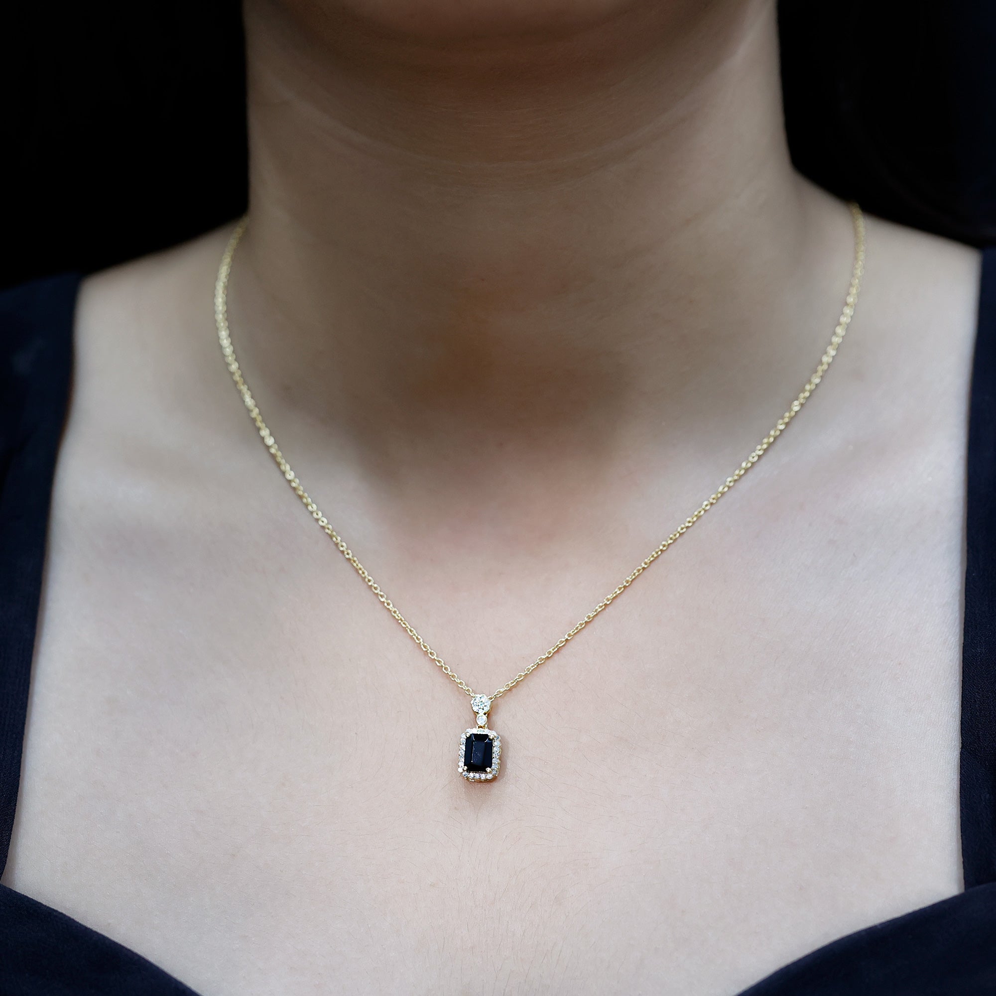 Emerald Cut Black Spinel and Diamond Retro Statement Necklace with Chain