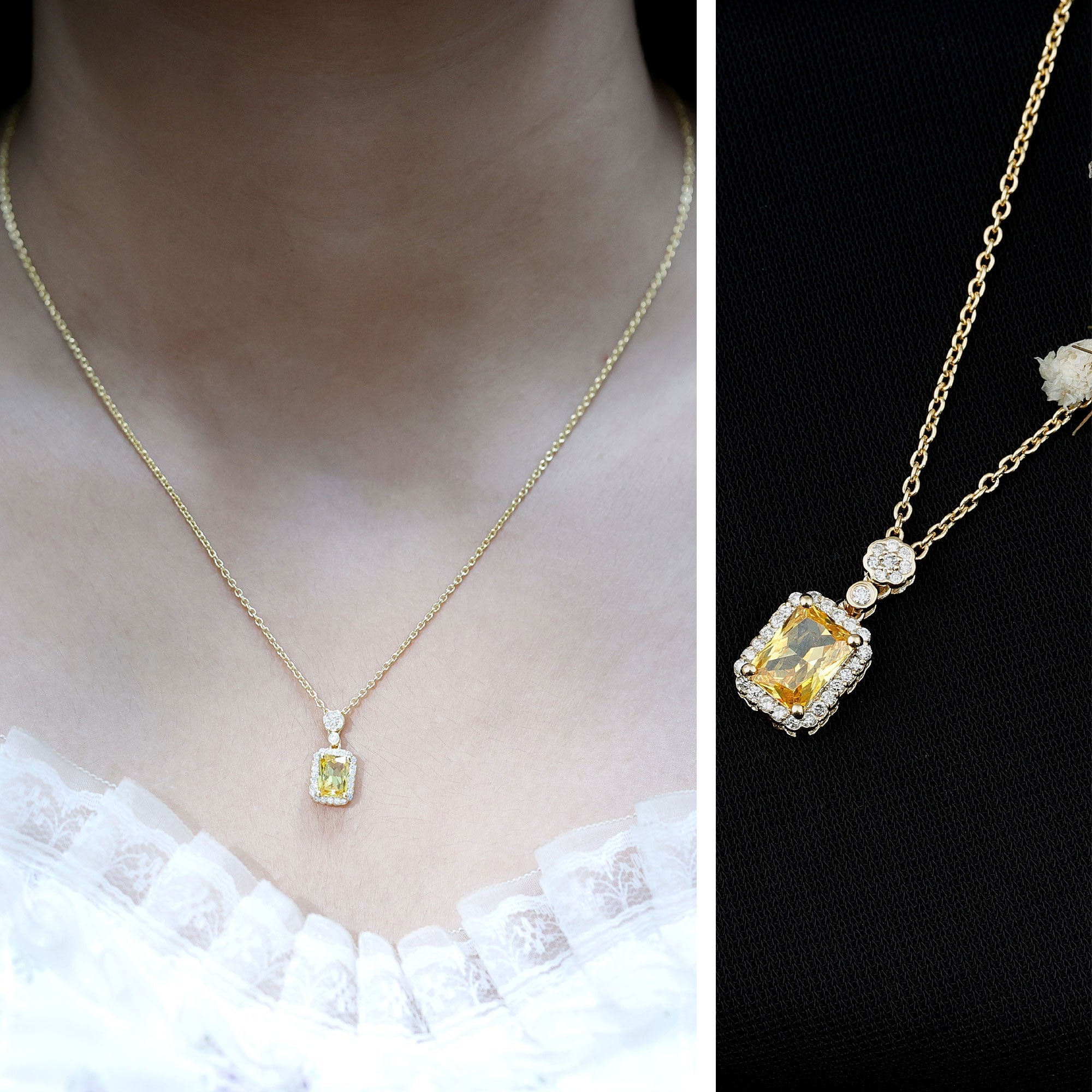 Vintage Inspired Lab Created Yellow Sapphire Necklace with Diamond