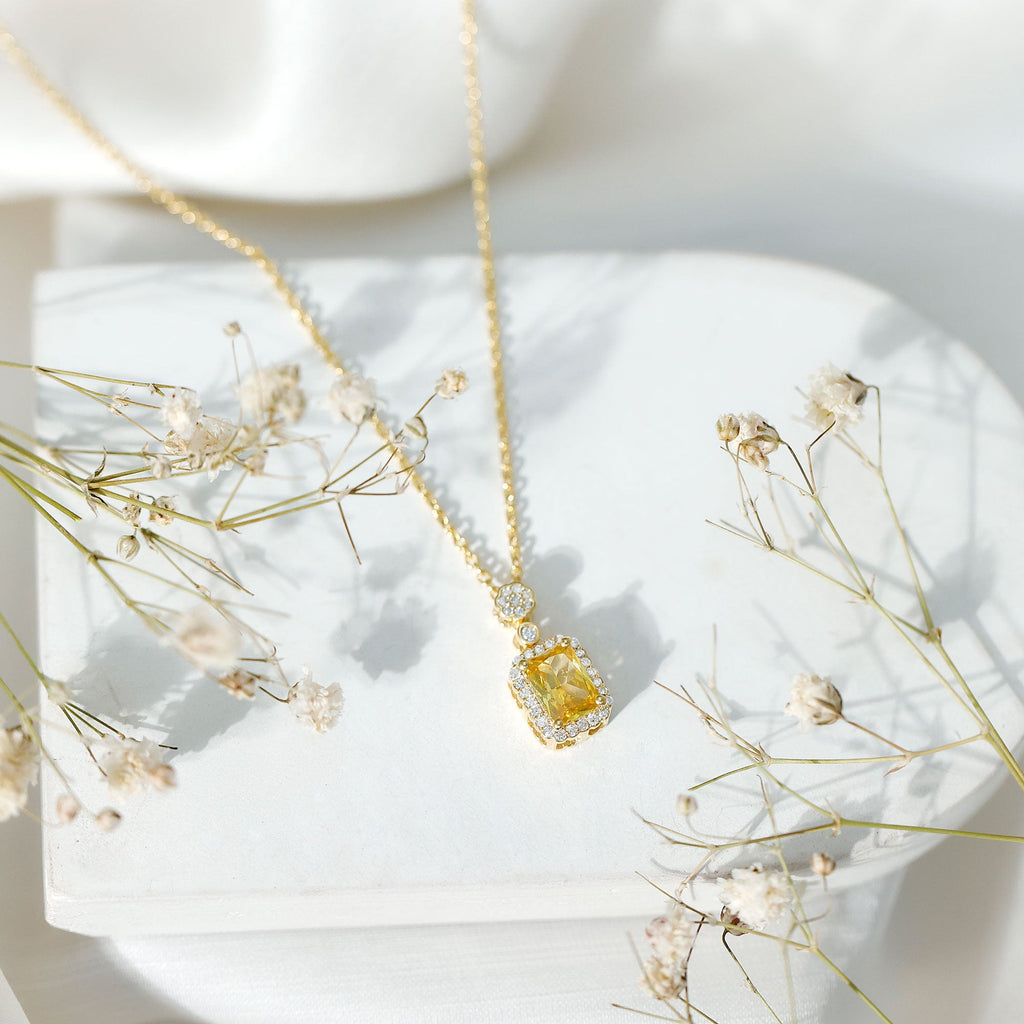 Vintage Inspired Lab Created Yellow Sapphire Necklace with Diamond
