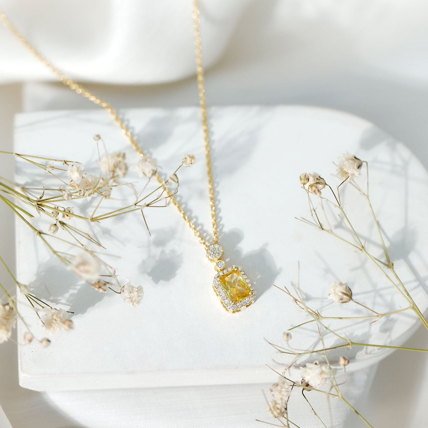 Vintage Inspired Lab Created Yellow Sapphire Necklace with Diamond
