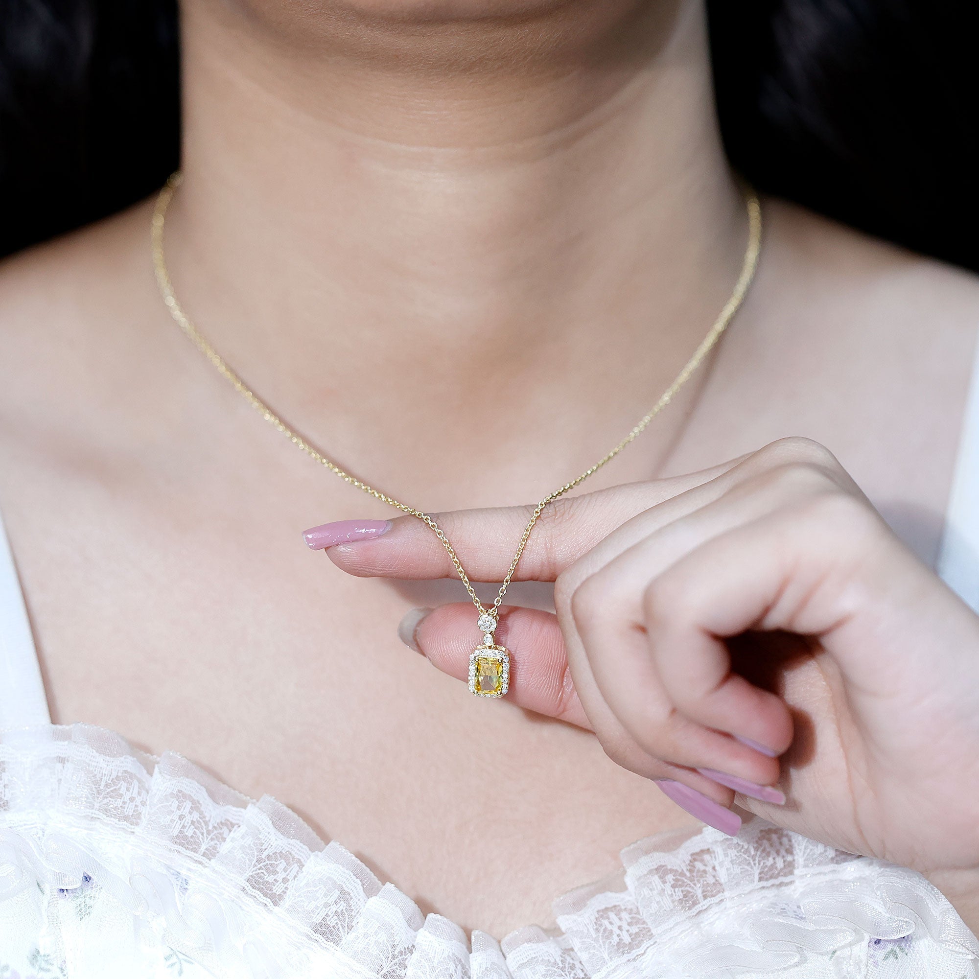 Vintage Inspired Lab Created Yellow Sapphire Necklace with Diamond