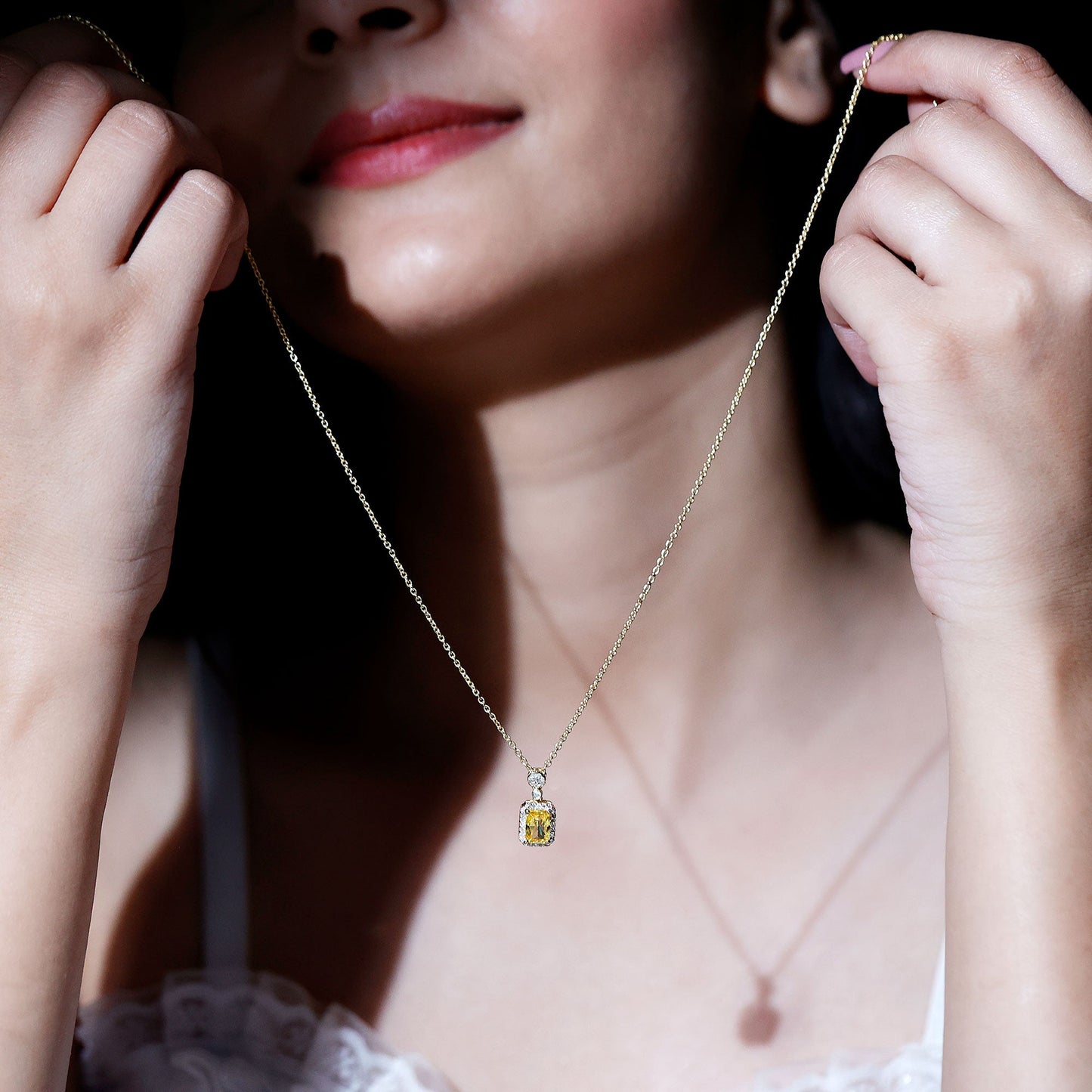 Vintage Inspired Lab Created Yellow Sapphire Necklace with Diamond