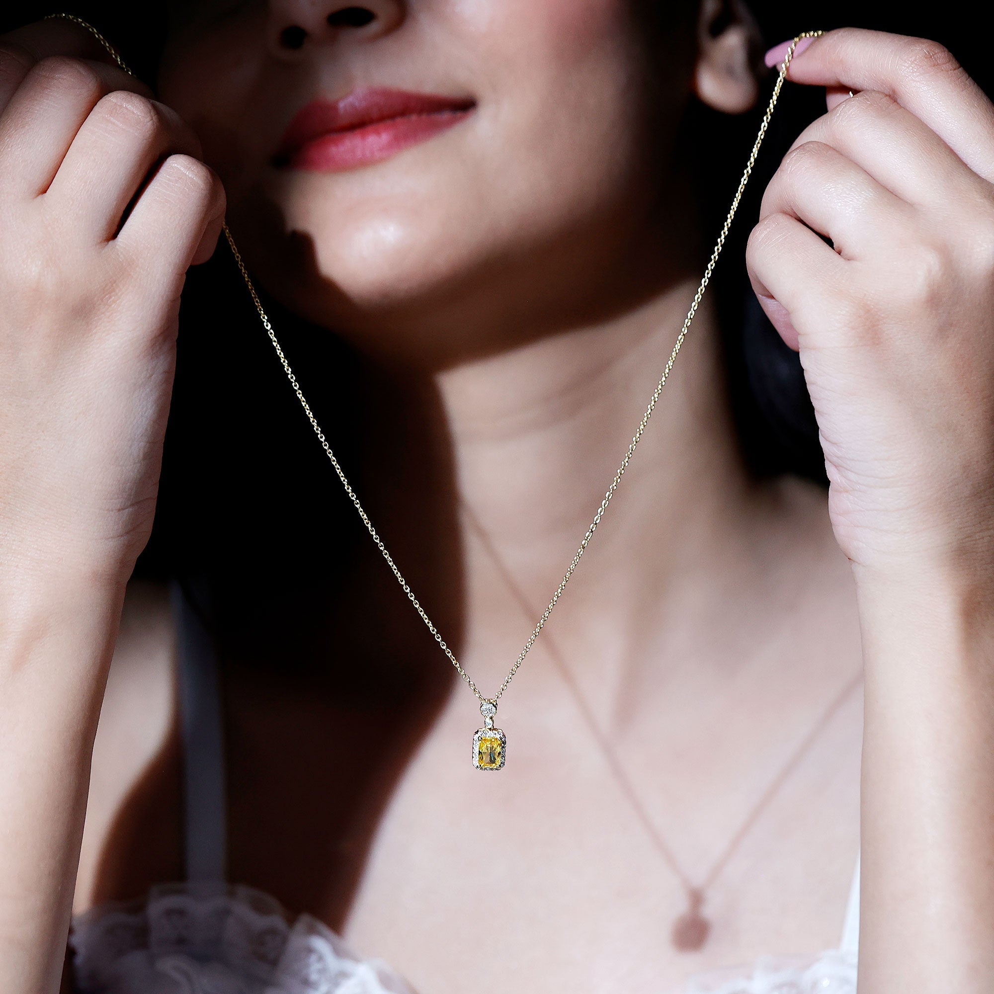 Vintage Inspired Lab Created Yellow Sapphire Necklace with Diamond