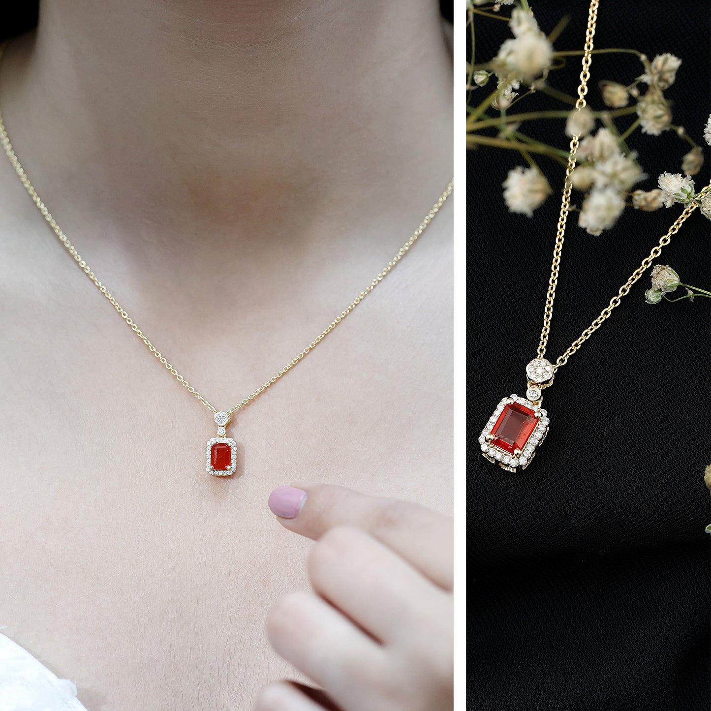 Emerald Cut Fire Opal Vintage Necklace with Diamond