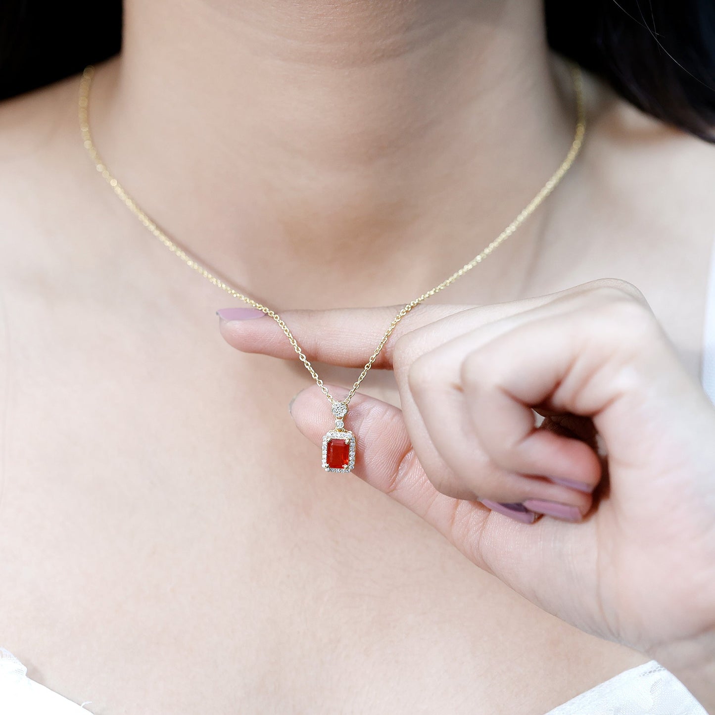 Emerald Cut Fire Opal Vintage Necklace with Diamond