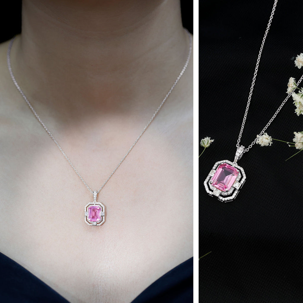 Emerald Cut Lab Grown Pink Sapphire Diamond Vintage Necklace