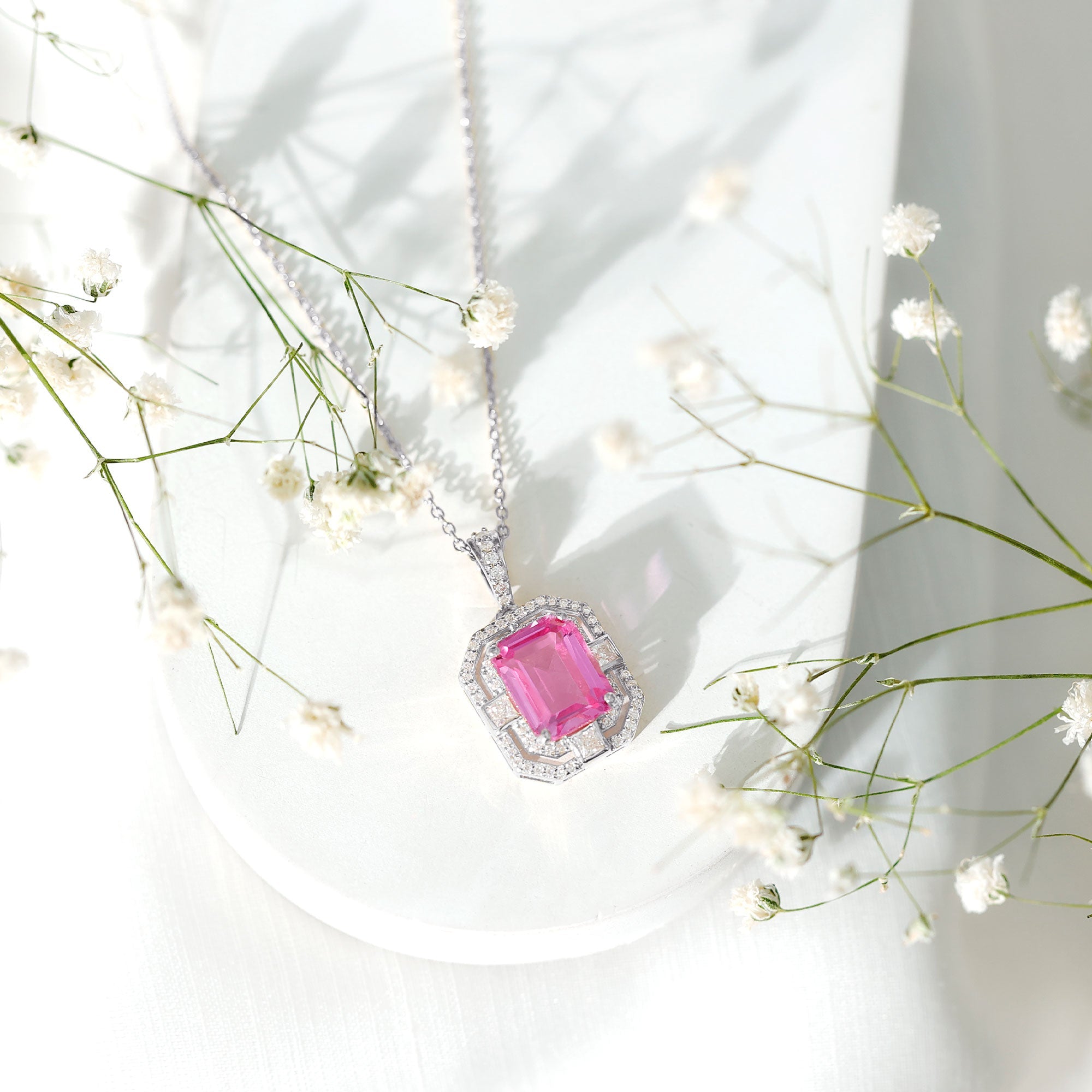 Emerald Cut Lab Grown Pink Sapphire Diamond Vintage Necklace