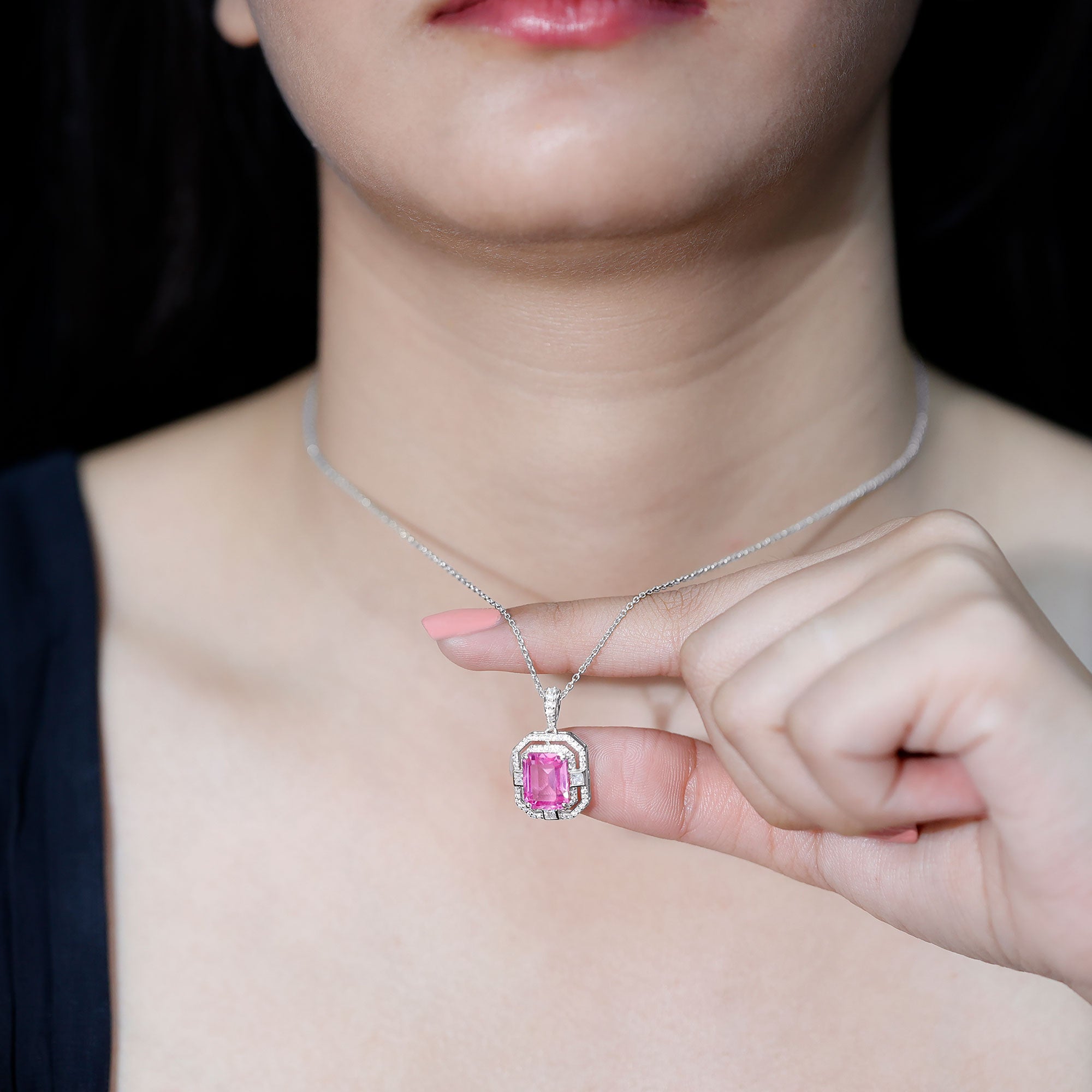 Emerald Cut Lab Grown Pink Sapphire Diamond Vintage Necklace