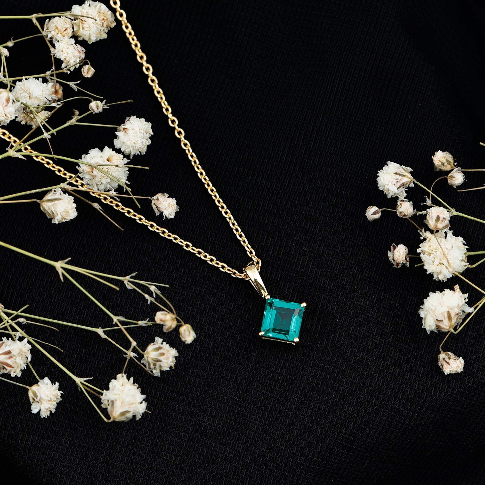 Princess Cut Lab Grown Emerald Solitaire Pendant Necklace with Chain