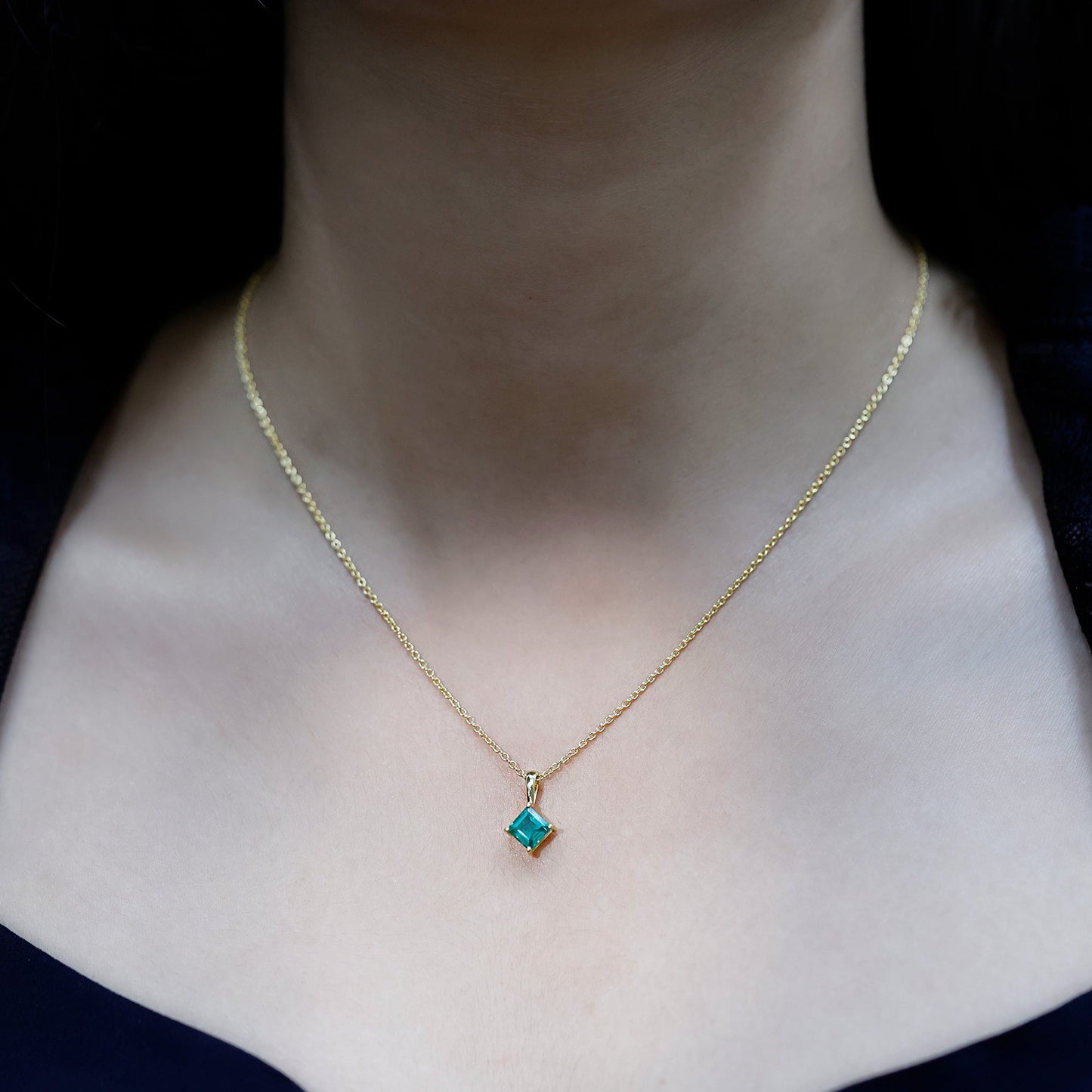 Princess Cut Lab Grown Emerald Solitaire Pendant Necklace with Chain