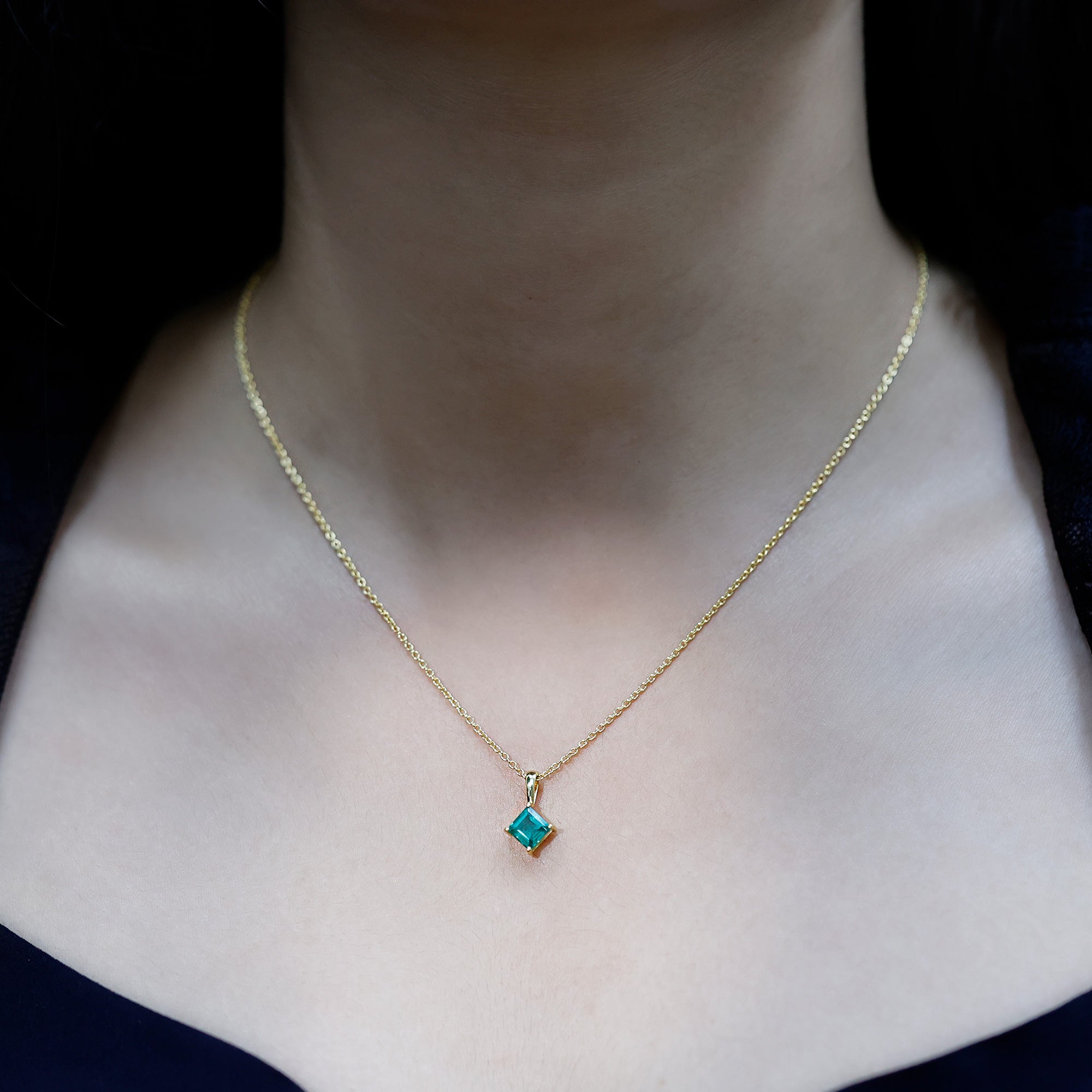 Princess Cut Lab Grown Emerald Solitaire Pendant Necklace with Chain