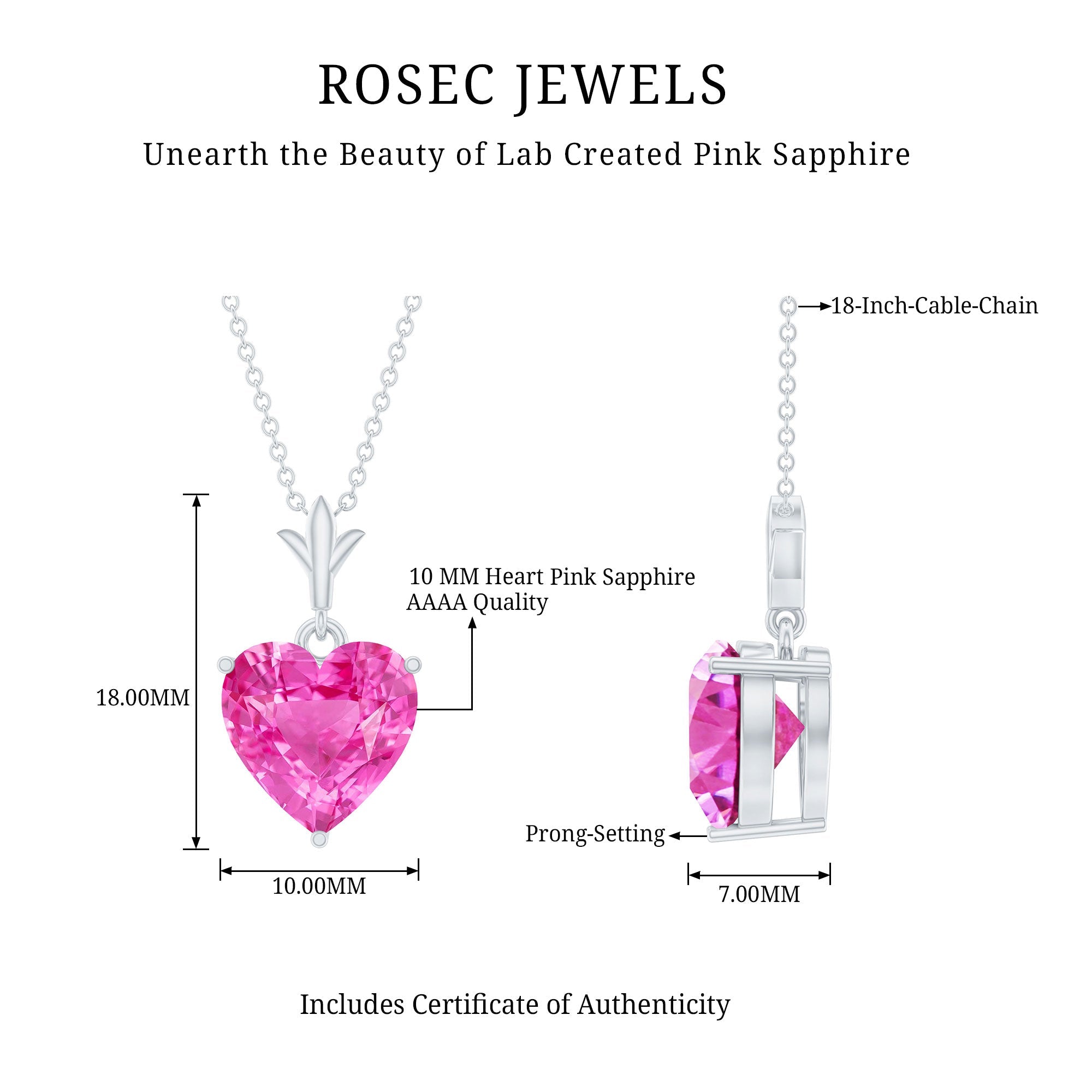Solitaire Lab Created Pink Sapphire Heart Necklace with Silver Chain