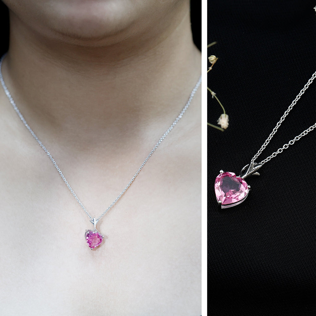 Solitaire Lab Created Pink Sapphire Heart Necklace with Silver Chain