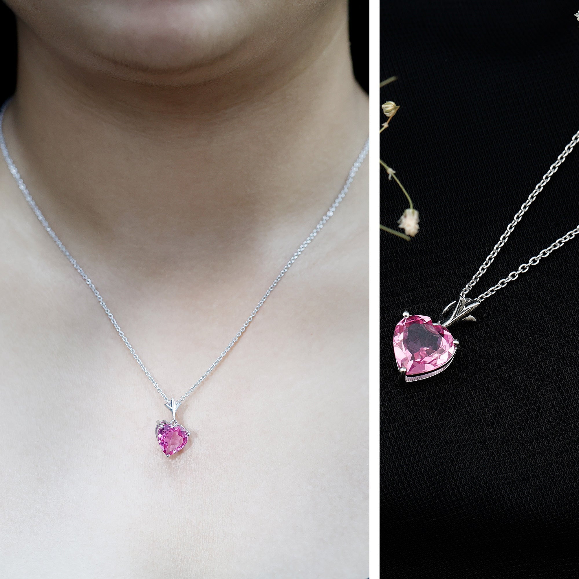 Solitaire Lab Created Pink Sapphire Heart Necklace with Silver Chain