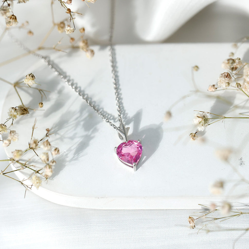 Solitaire Lab Created Pink Sapphire Heart Necklace with Silver Chain
