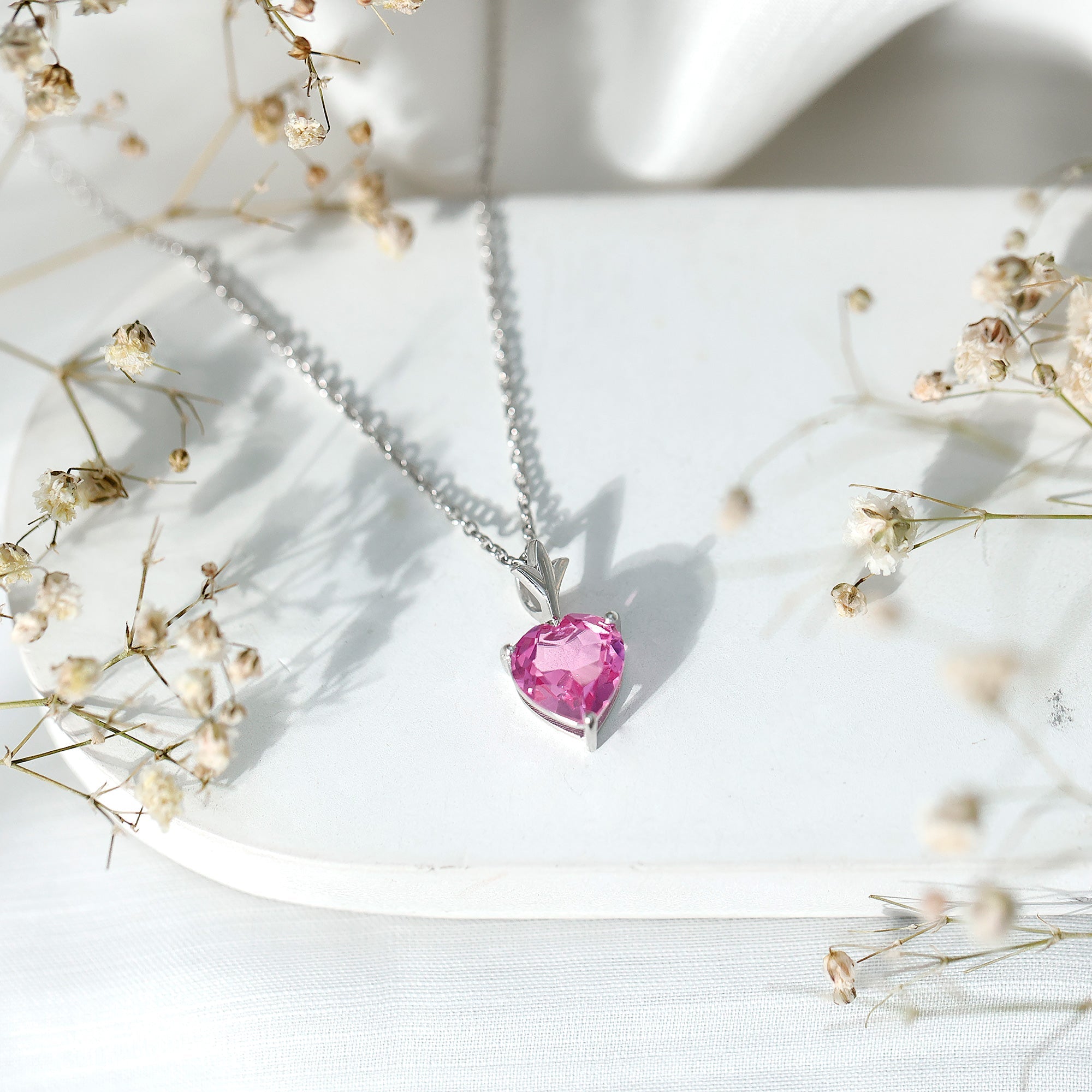 Solitaire Lab Created Pink Sapphire Heart Necklace with Silver Chain