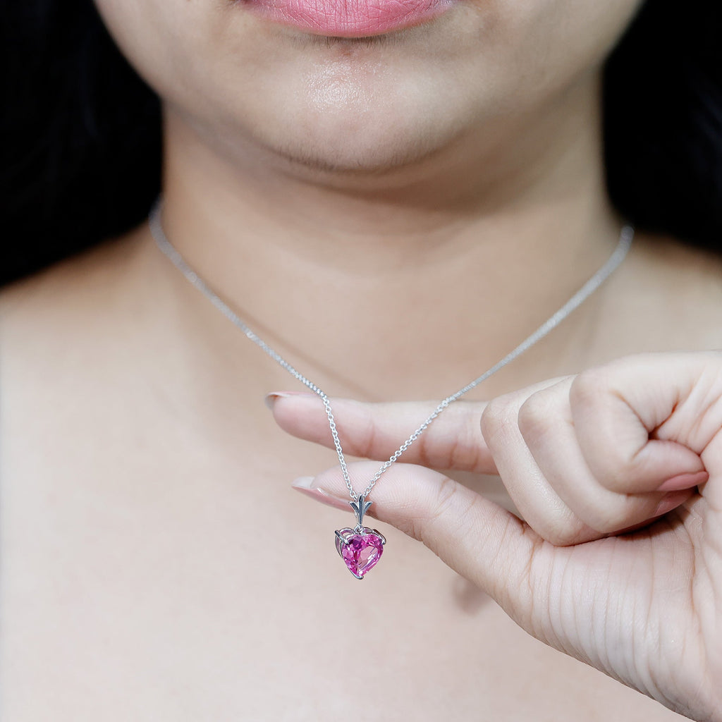 Solitaire Lab Created Pink Sapphire Heart Necklace with Silver Chain