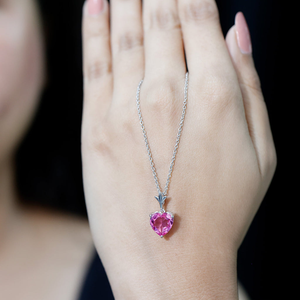Solitaire Lab Created Pink Sapphire Heart Necklace with Silver Chain