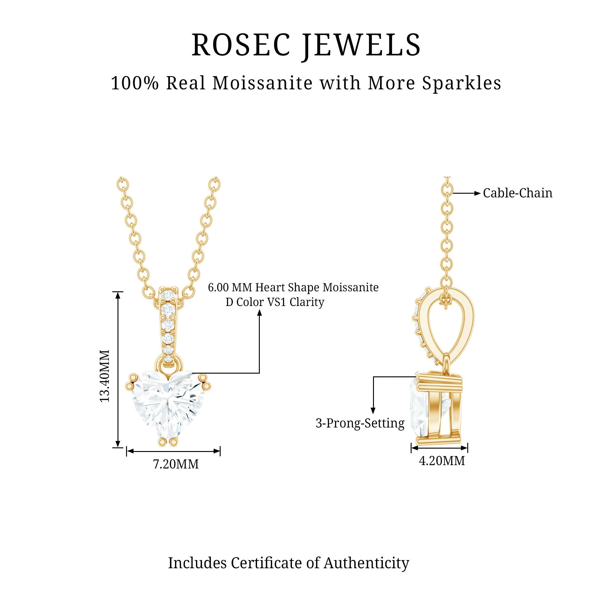 Certified Solitaire Moissanite Heart Necklace with Silver Chain