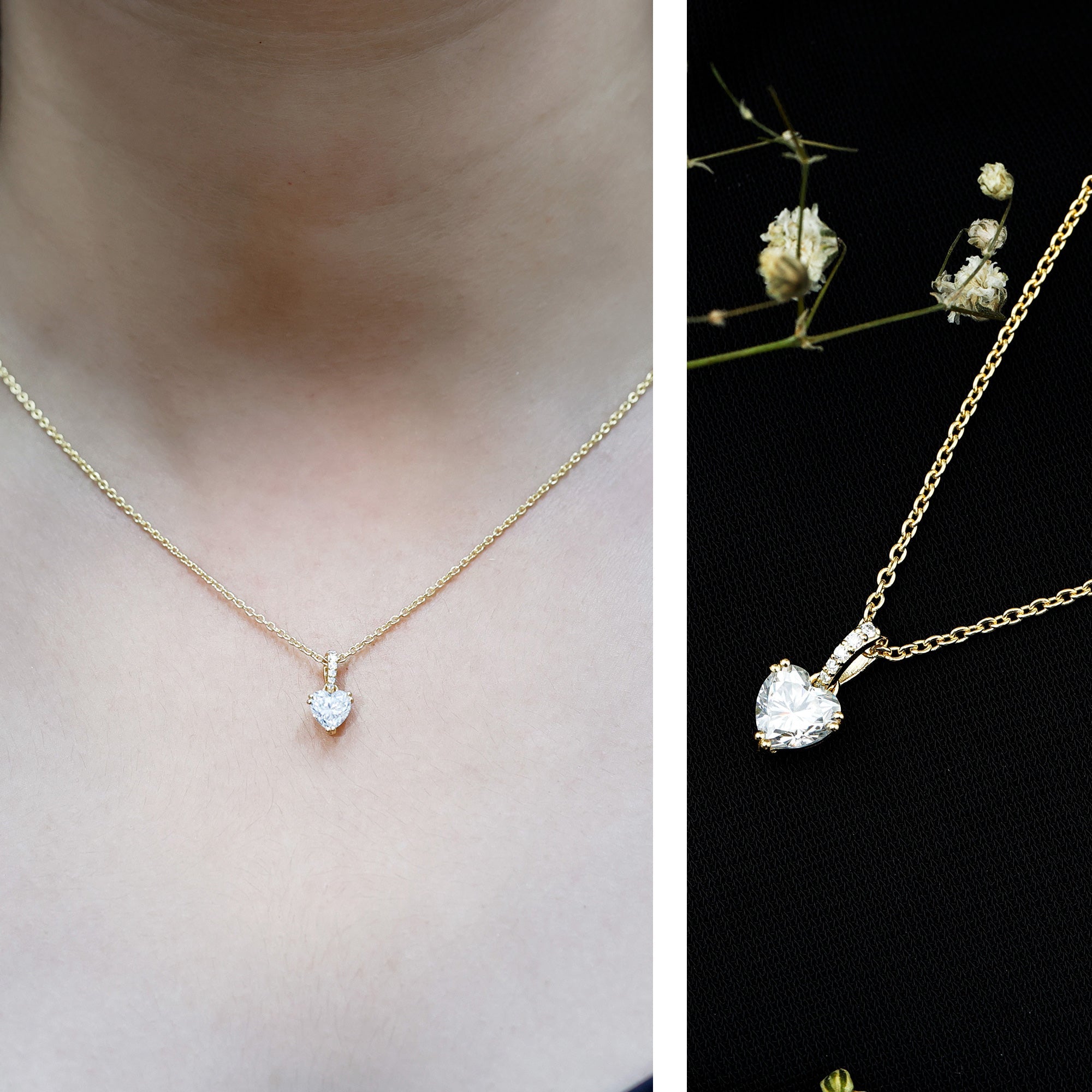 Certified Solitaire Moissanite Heart Necklace with Silver Chain