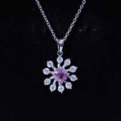 Lab Created Pink Sapphire and Diamond Flower Pendant Necklace