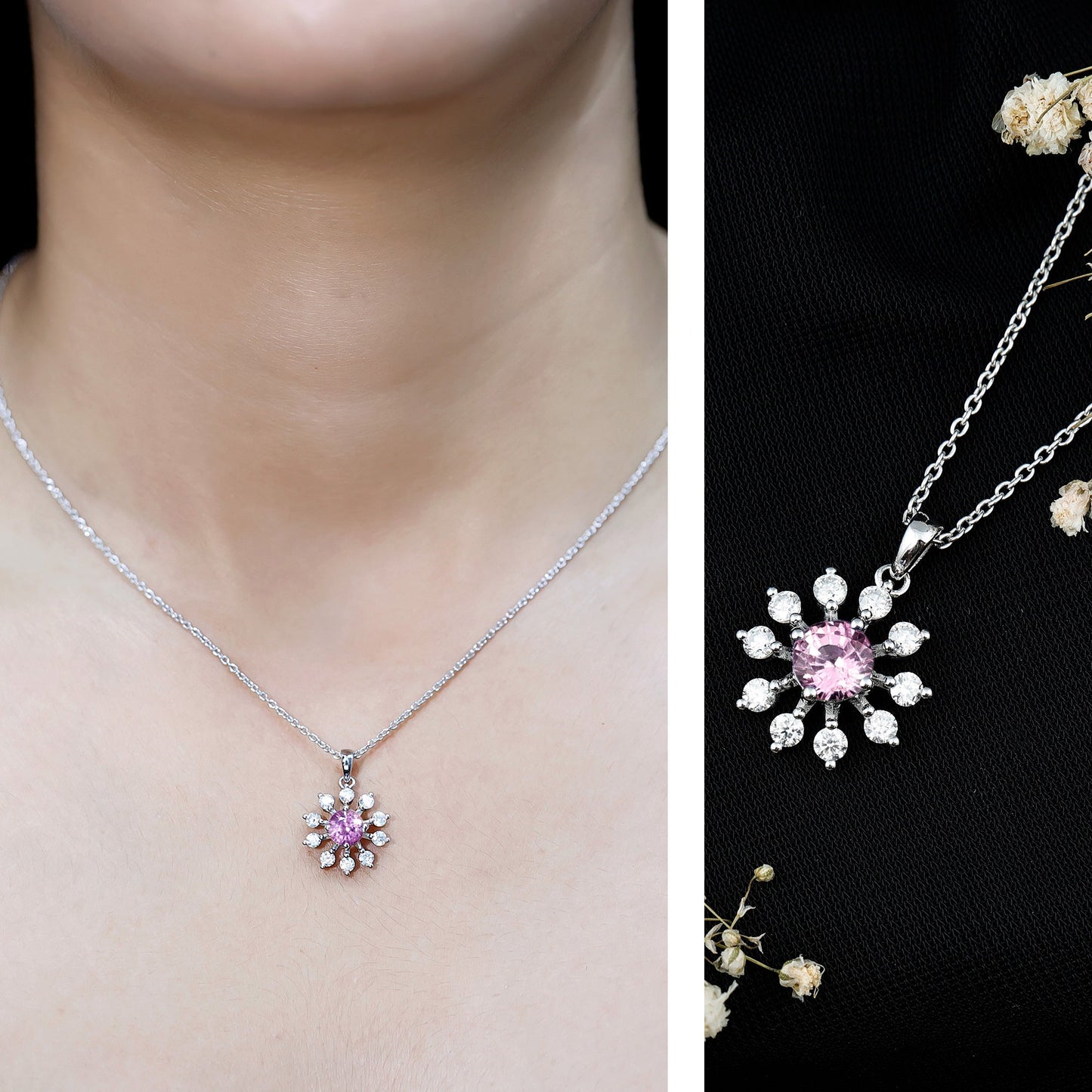 Lab Created Pink Sapphire and Diamond Flower Pendant Necklace