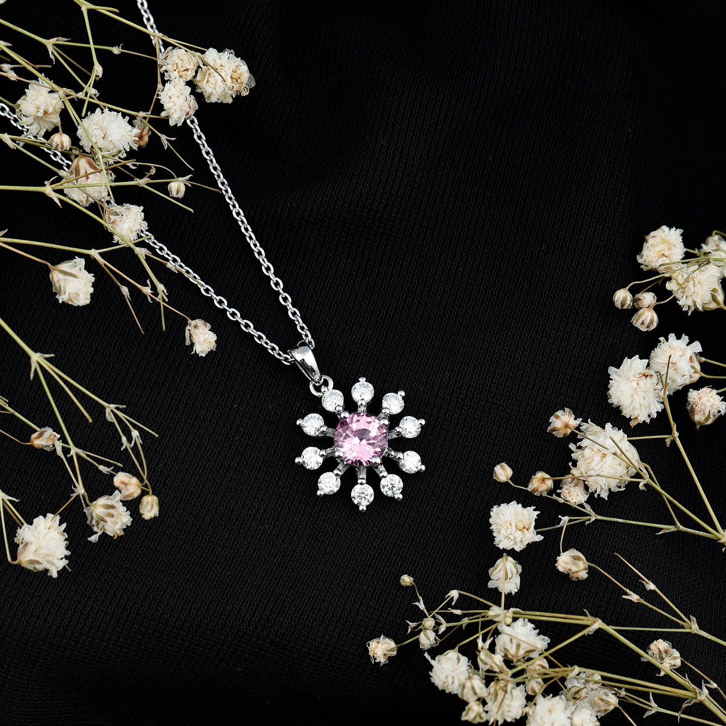 Lab Created Pink Sapphire and Diamond Flower Pendant Necklace