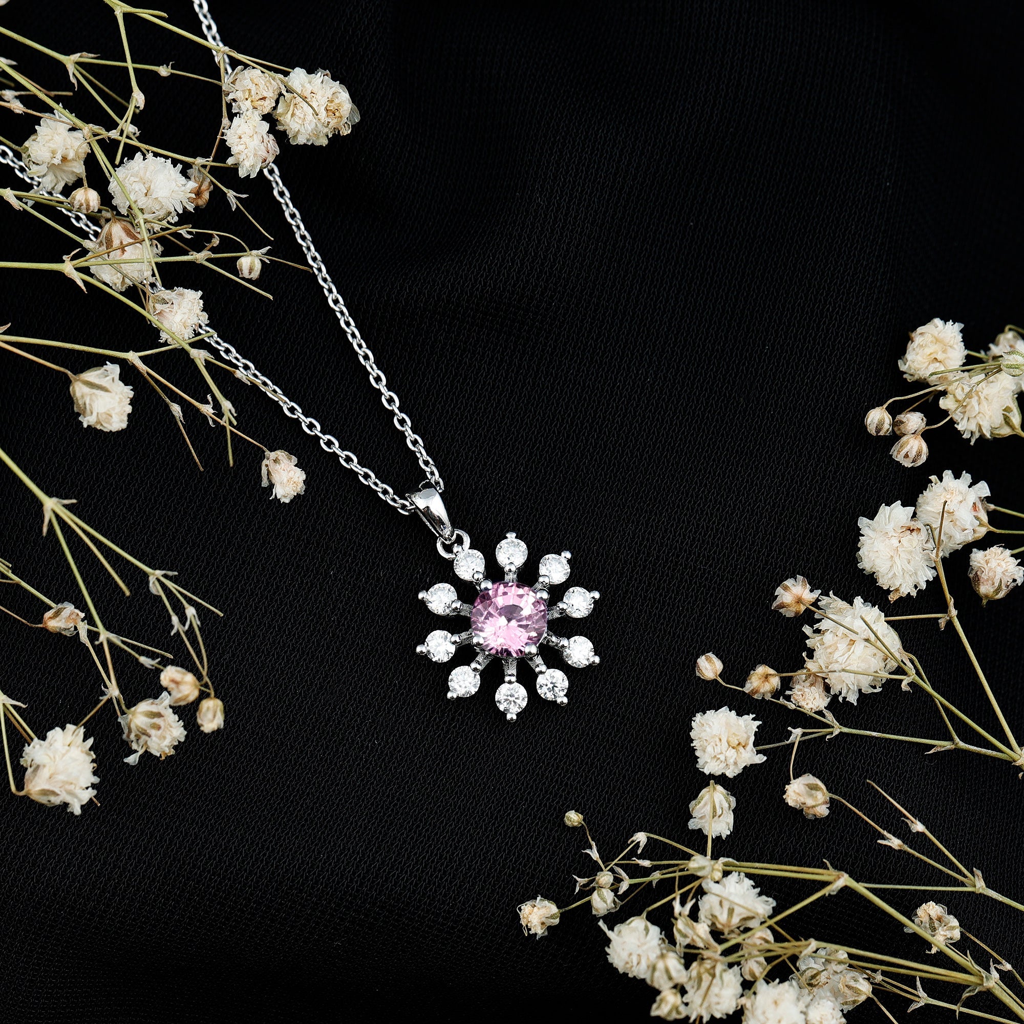 Lab Created Pink Sapphire and Diamond Flower Pendant Necklace
