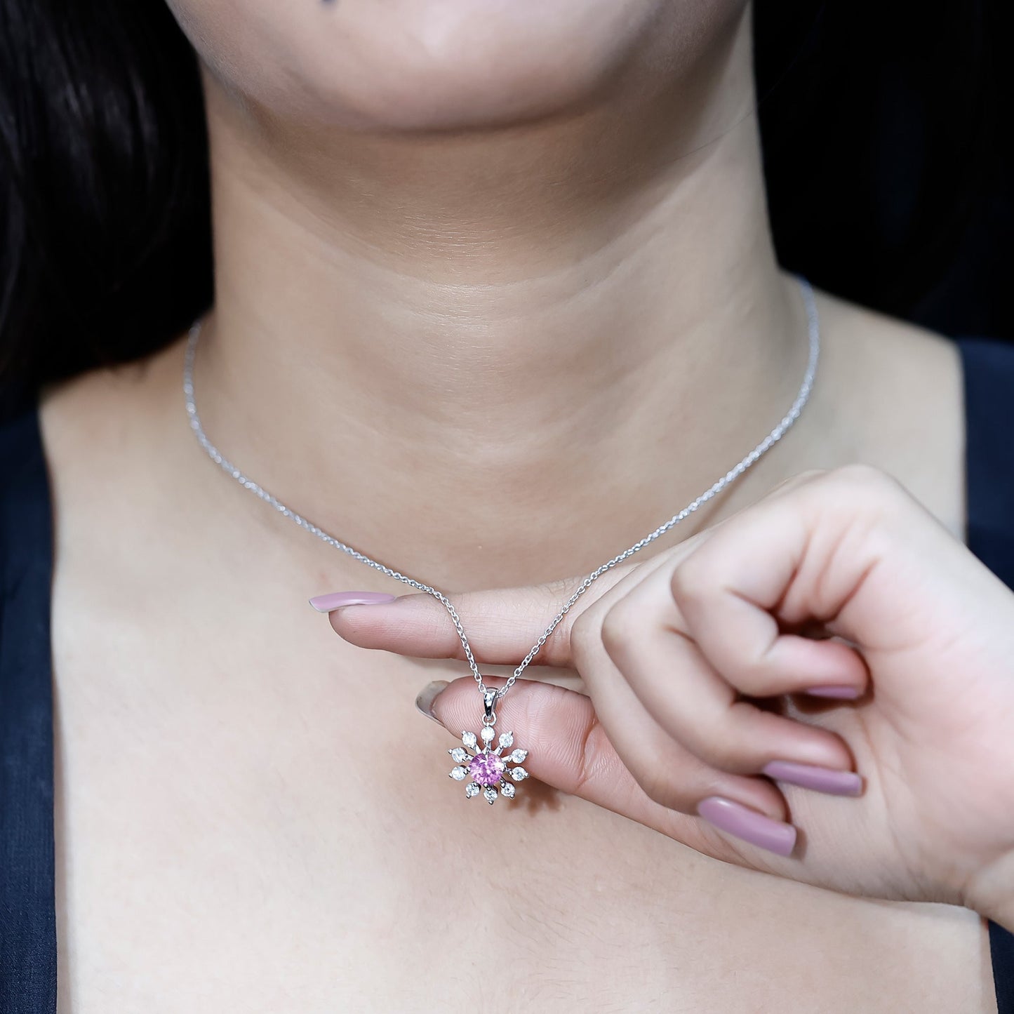 Lab Created Pink Sapphire and Diamond Flower Pendant Necklace