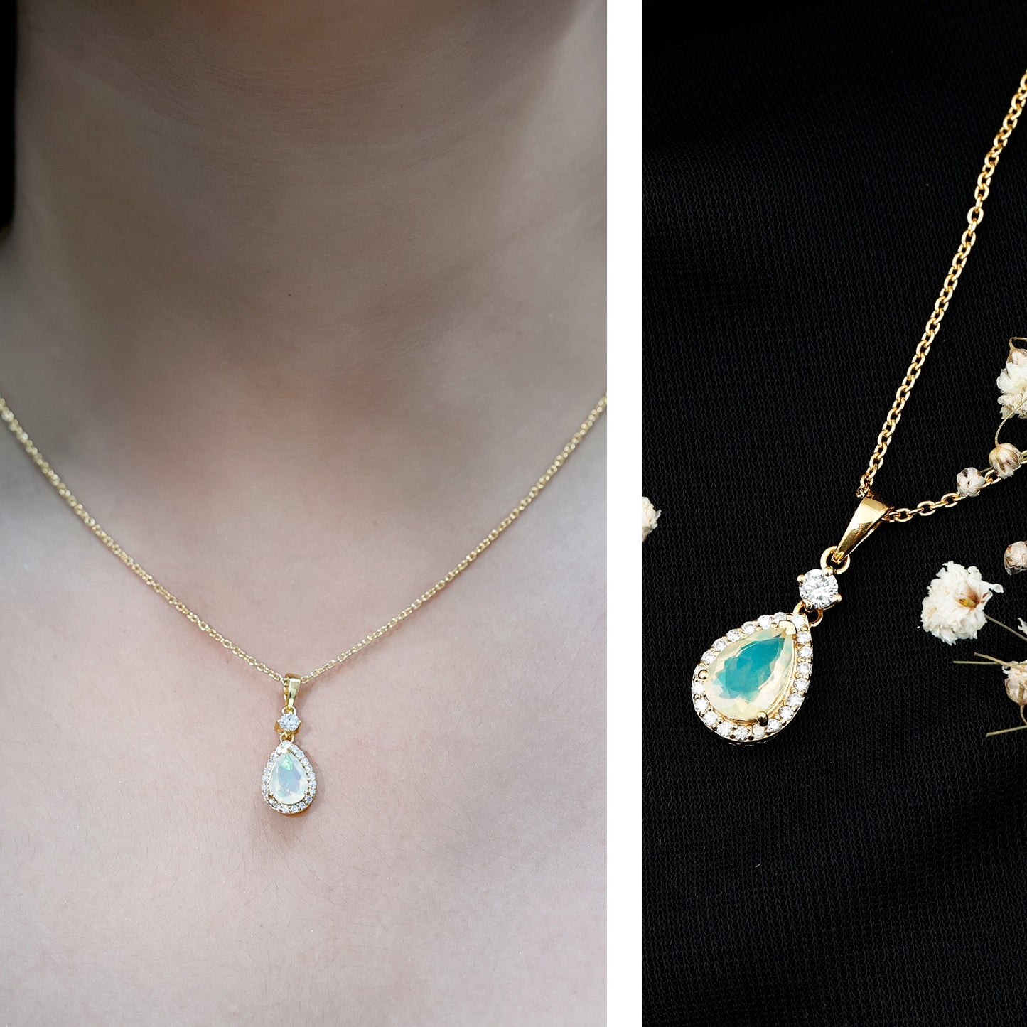 6X9 MM Ethiopian Opal Teardrop Necklace with Diamond Halo