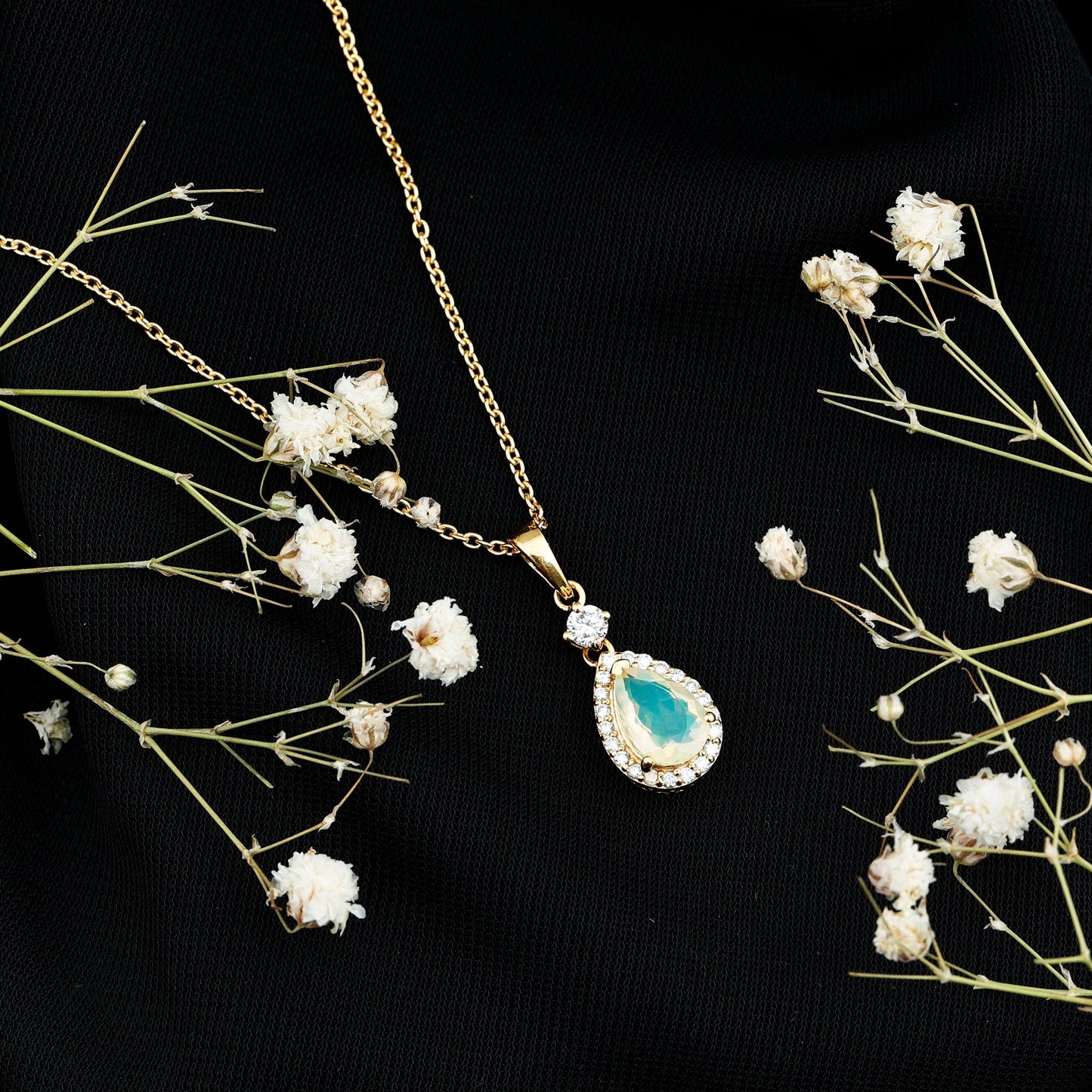 6X9 MM Ethiopian Opal Teardrop Necklace with Diamond Halo