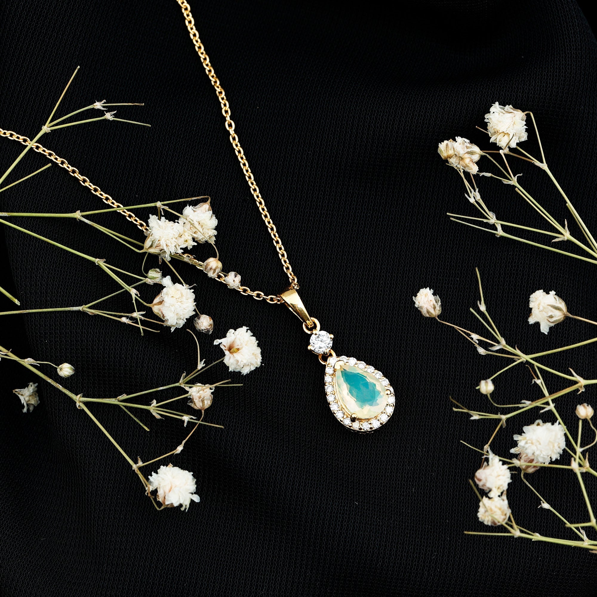 6X9 MM Ethiopian Opal Teardrop Necklace with Diamond Halo