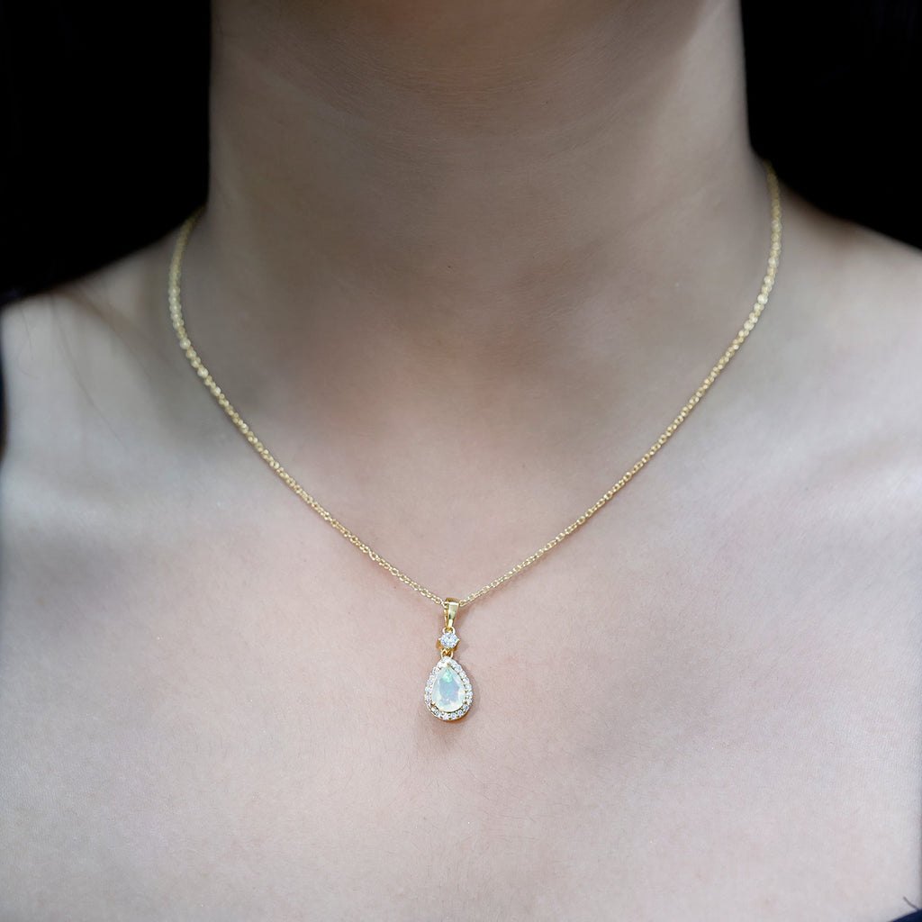6X9 MM Ethiopian Opal Teardrop Necklace with Diamond Halo