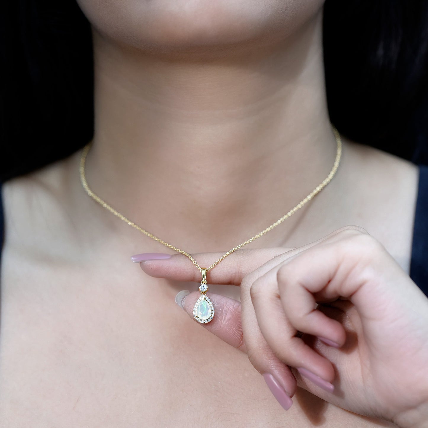 6X9 MM Ethiopian Opal Teardrop Necklace with Diamond Halo