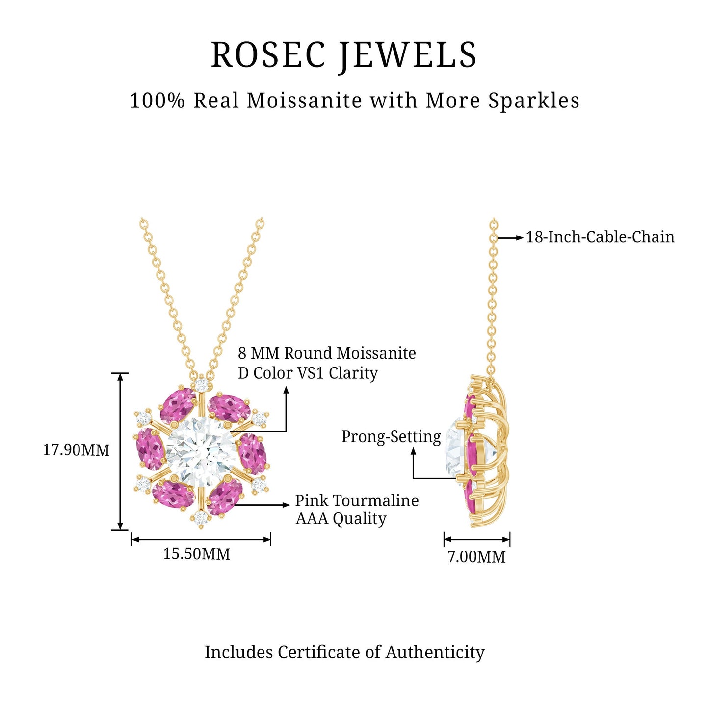 Certified Moissanite Flower Statement Necklace With Pink Tourmaline