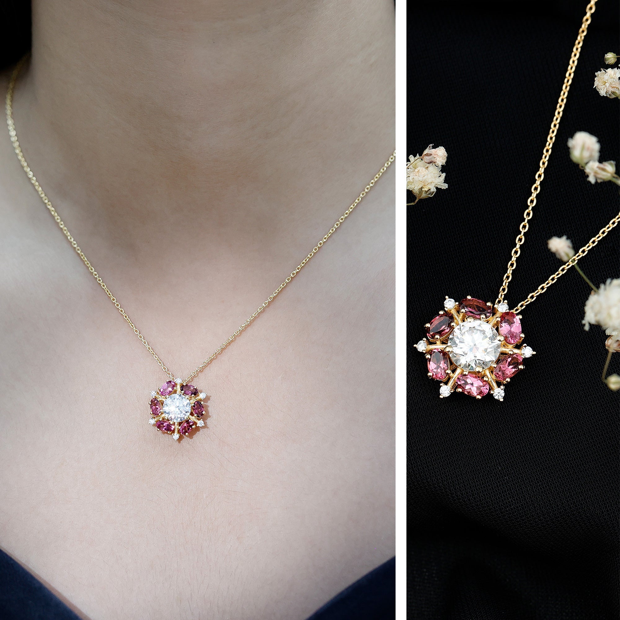 Certified Moissanite Flower Statement Necklace With Pink Tourmaline
