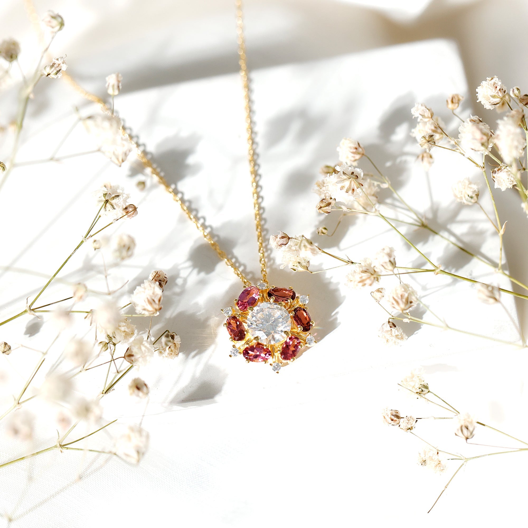 Certified Moissanite Flower Statement Necklace With Pink Tourmaline