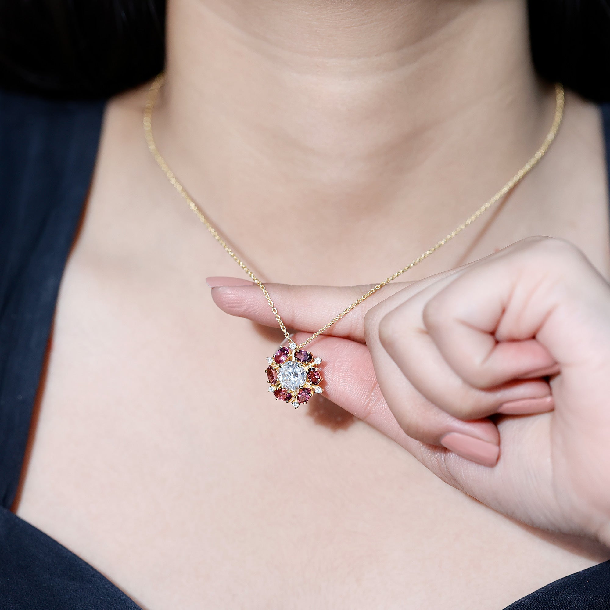 Certified Moissanite Flower Statement Necklace With Pink Tourmaline