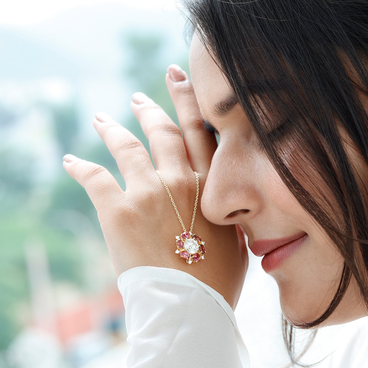 Certified Moissanite Flower Statement Necklace With Pink Tourmaline