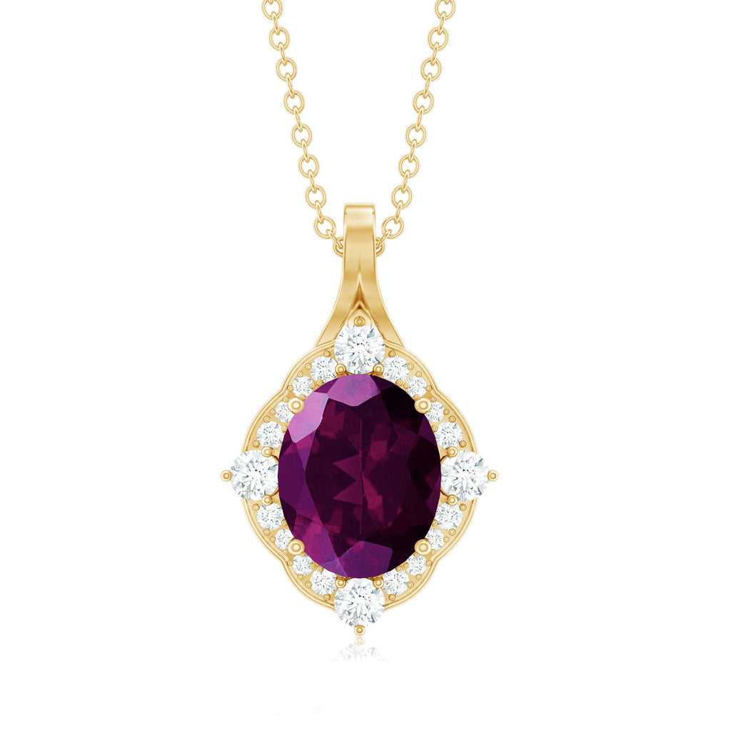 Oval Rhodolite Garnet Vintage Necklace with Diamond Halo
