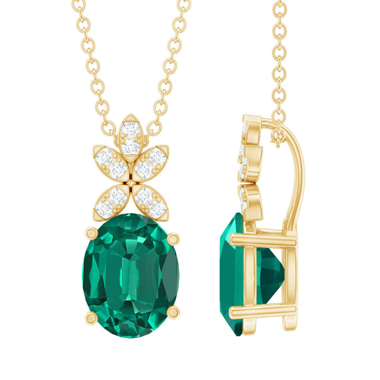 Oval Lab Grown Emerald and Diamond Flower Necklace with Chain