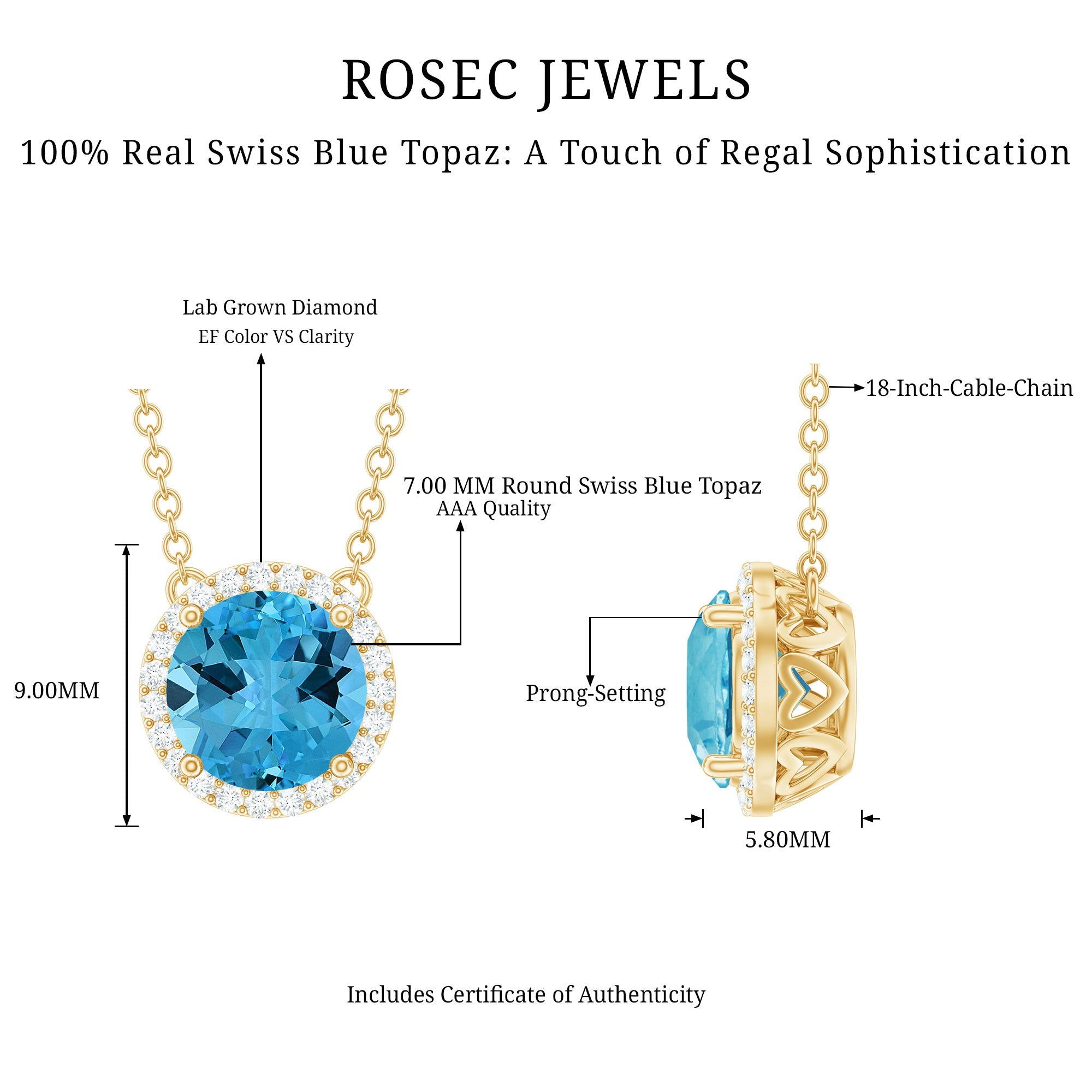 Swiss Blue Topaz and Diamond Halo Necklace With Silver Chain