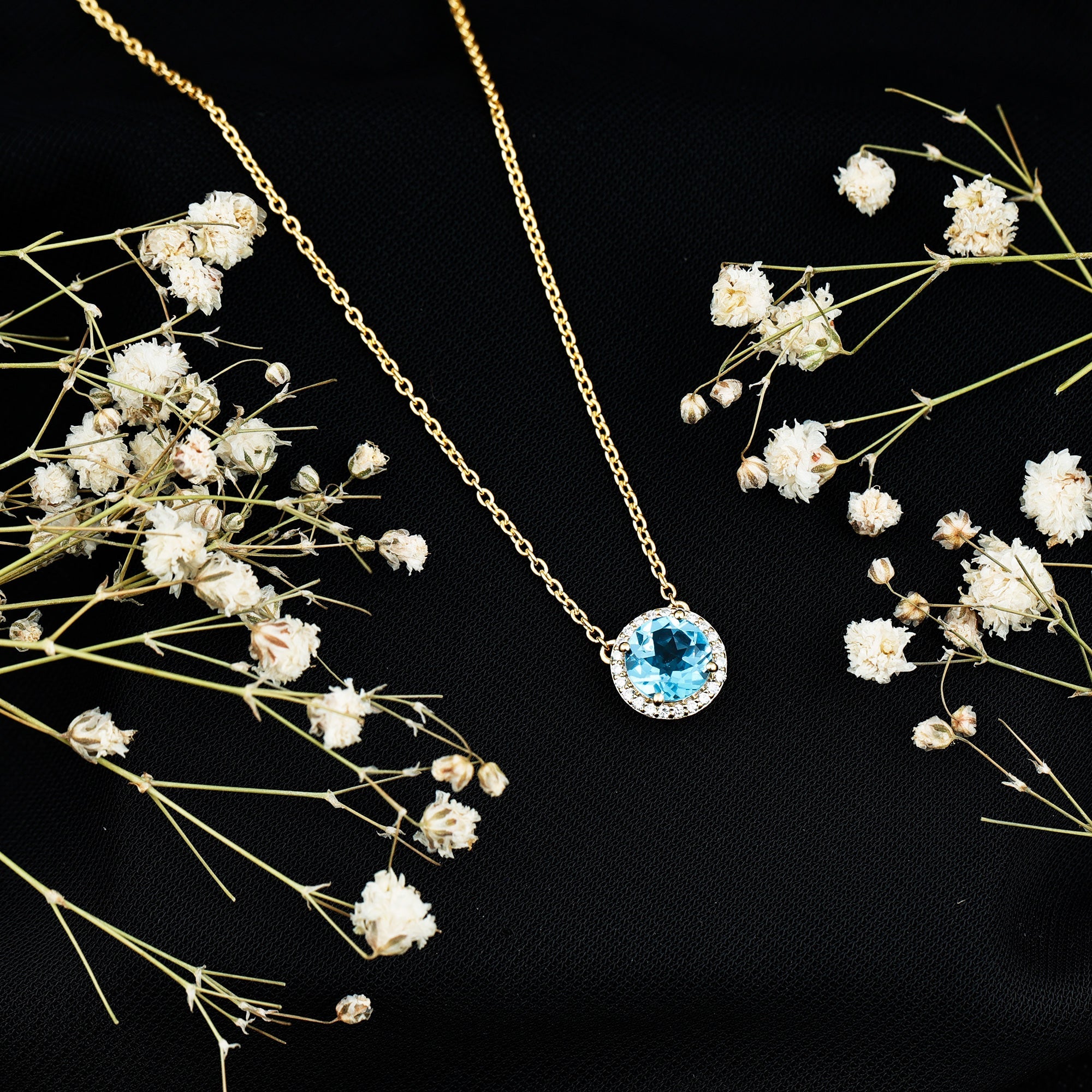 Swiss Blue Topaz and Diamond Halo Necklace With Silver Chain