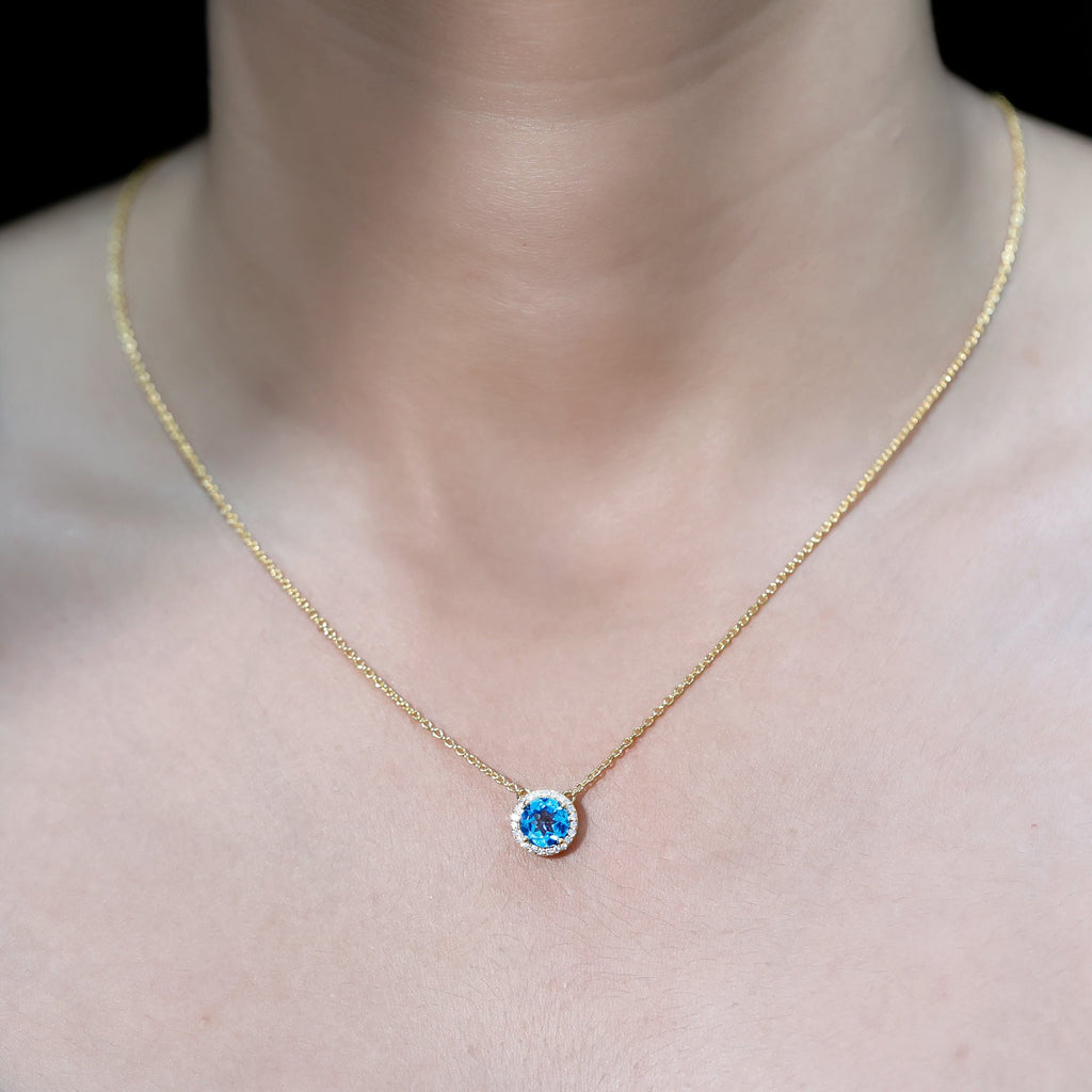Swiss Blue Topaz and Diamond Halo Necklace With Silver Chain