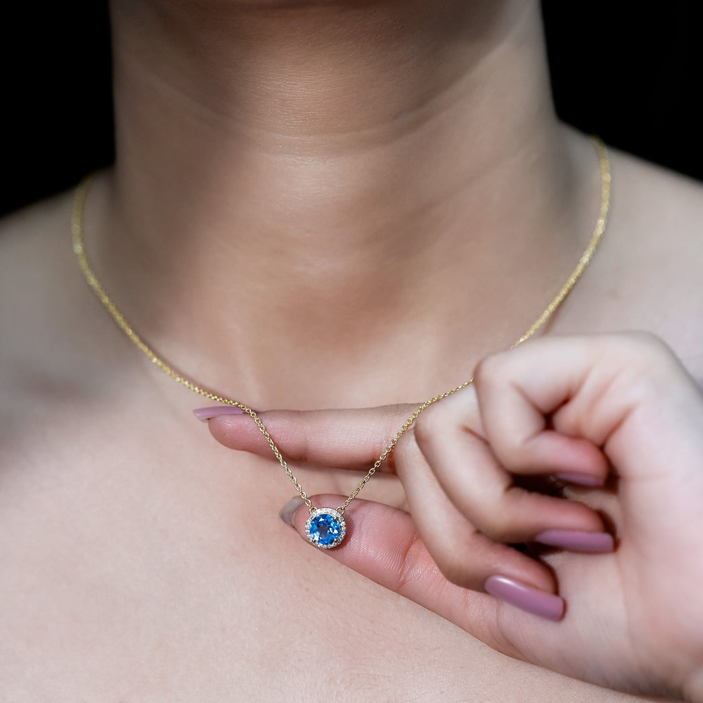 Swiss Blue Topaz and Diamond Halo Necklace With Silver Chain