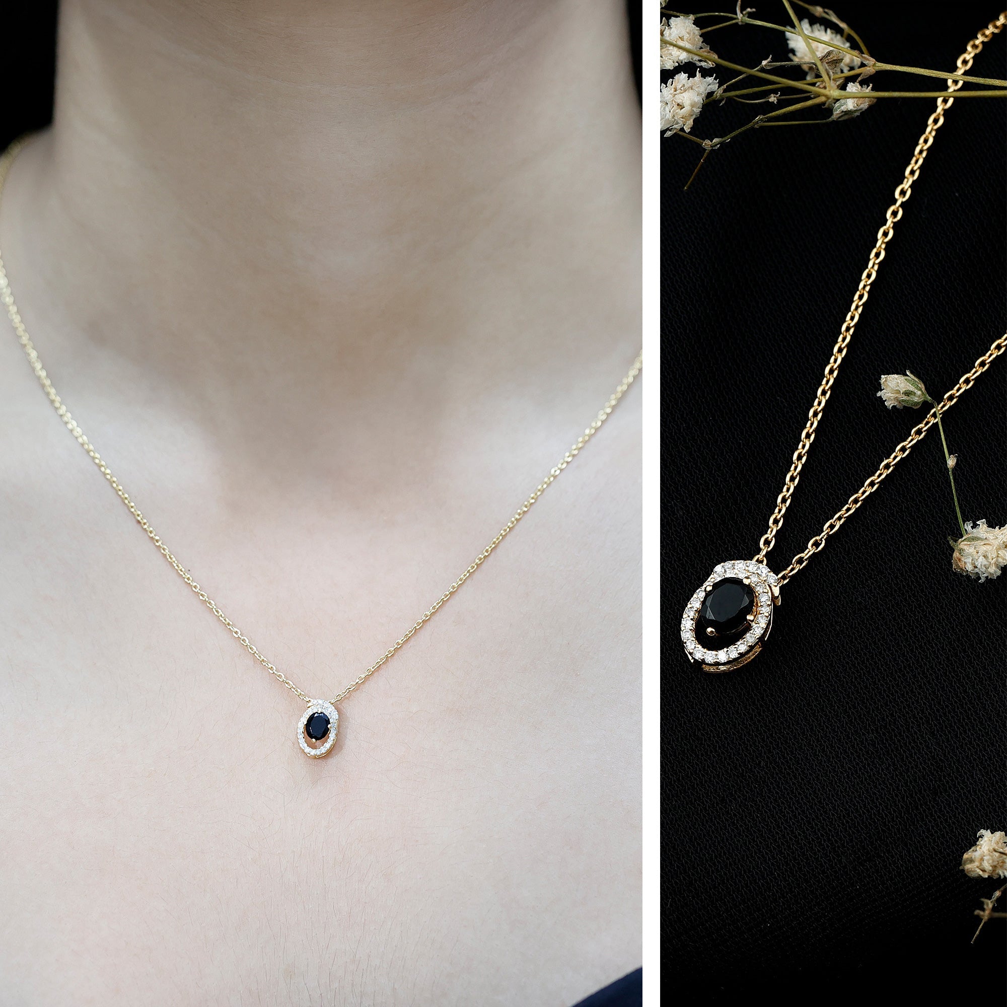 Oval Shaped Black Onyx Pendant Necklace with Silver Chain