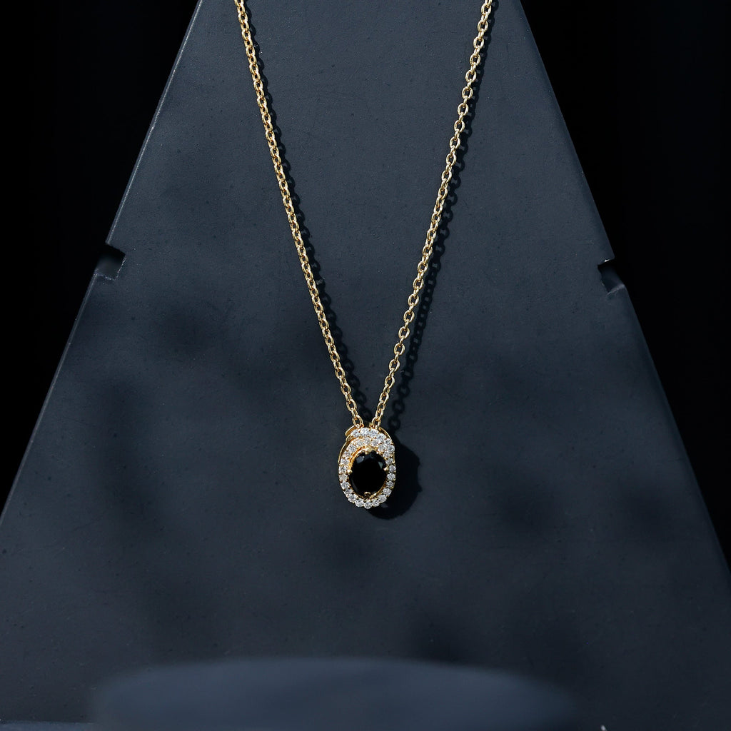 Oval Shaped Black Onyx Pendant Necklace with Silver Chain