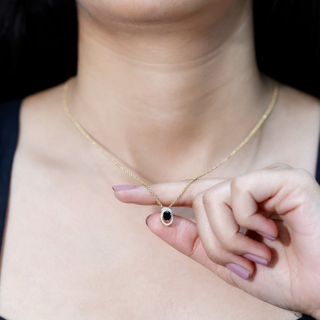 Oval Shaped Black Onyx Pendant Necklace with Silver Chain