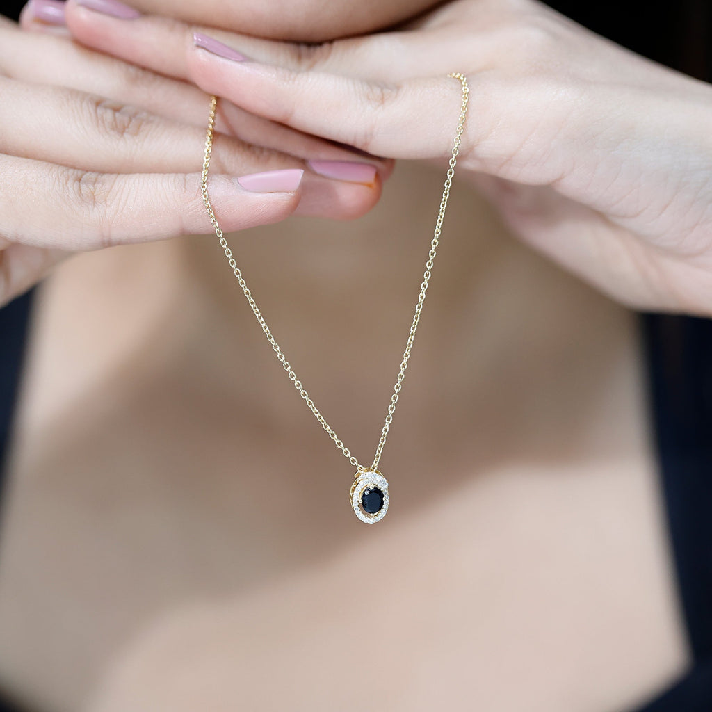 Oval Shaped Black Onyx Pendant Necklace with Silver Chain