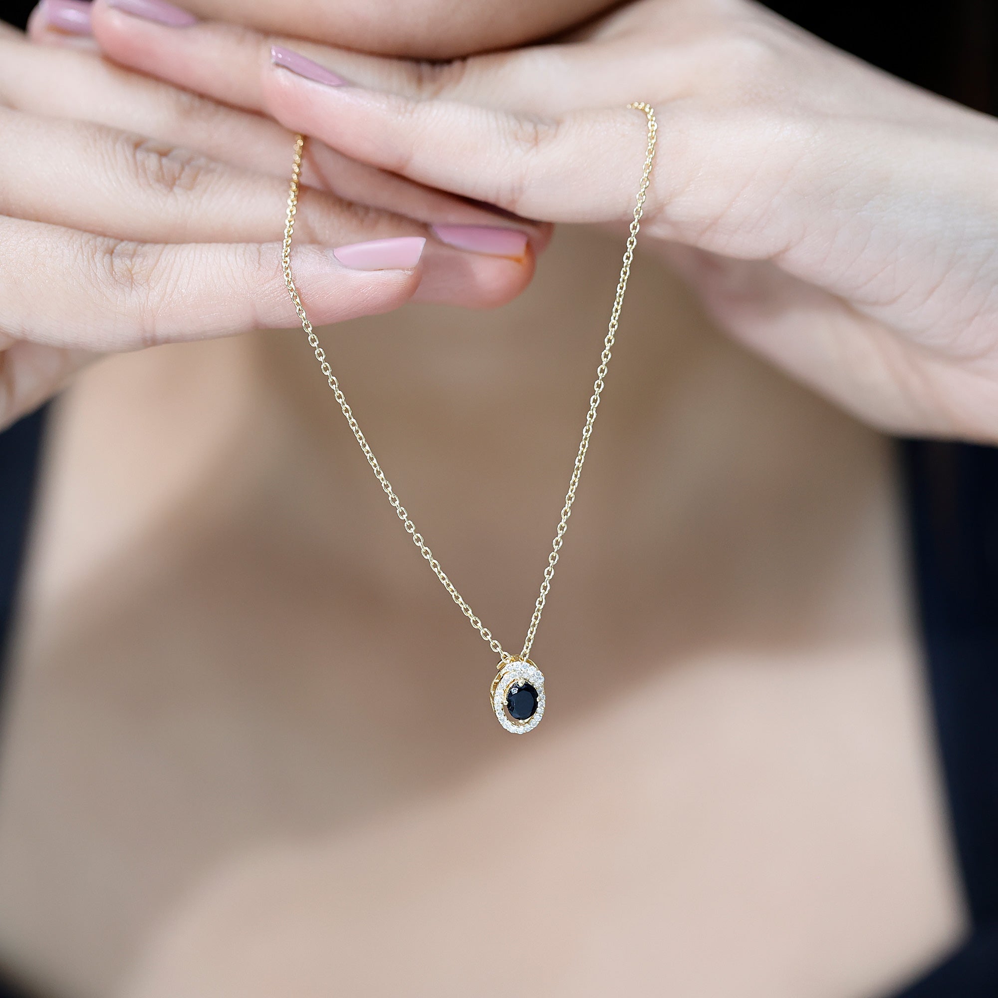 Oval Shaped Black Onyx Pendant Necklace with Silver Chain